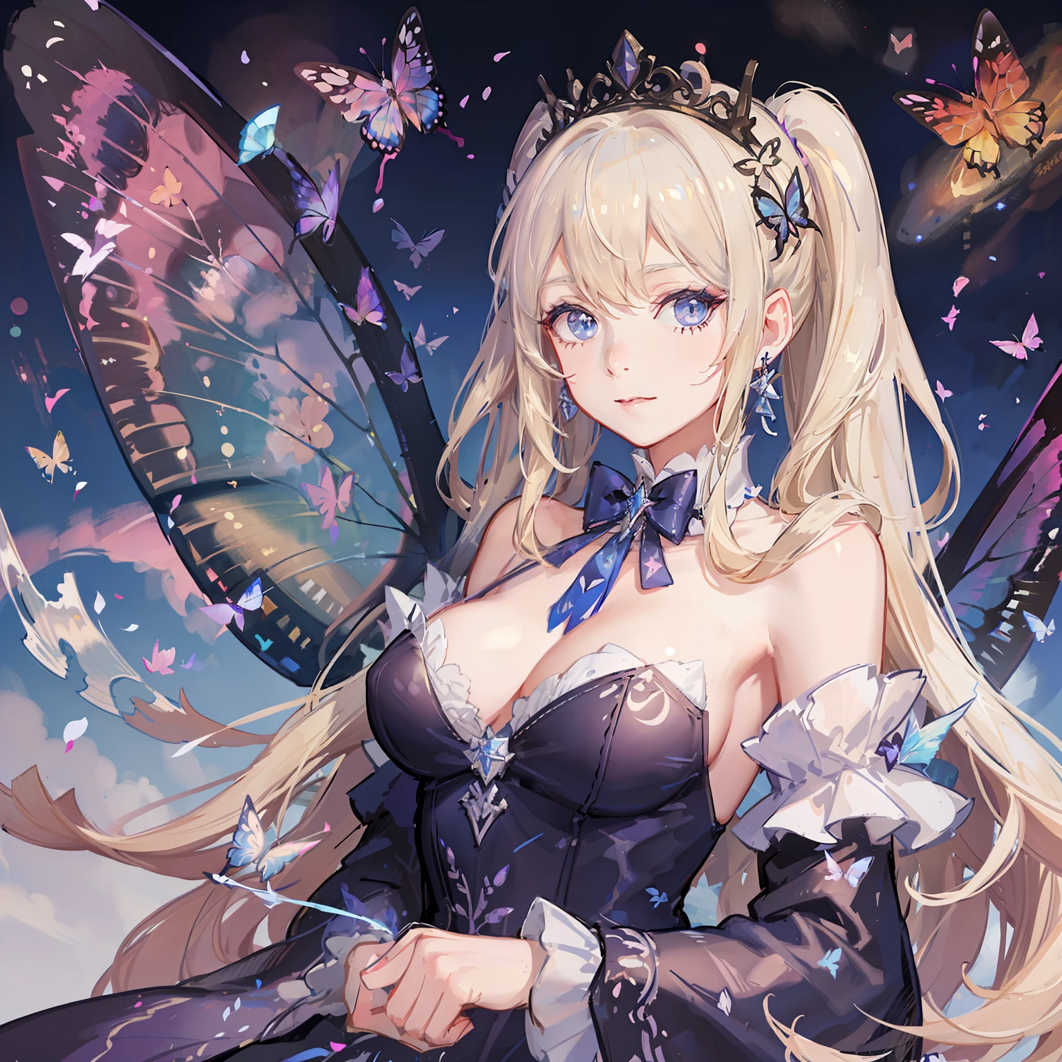 She is the queen of butterflies. She has a pair of butterfly wings made of fire. She wears a pale blue summer dress. She has a big bust. Her eyes are raimbow coloured. She is kind and gentle, but she seems to be very cold and evil. She has 2 long blond ponytails.