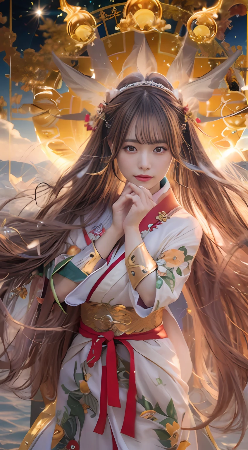 masterpiece、top-quality、Unity 8k Wallpapers、hyperdetailed face、Photograph Taken on Nikon D750,Beautifully Aesthetic、Beautuful Women、Realistic Woman、 Amaterasu Priestess、Solar Disk、Solar Flare Spell、Blessing of the Sun Goddess,perfect hand、Beautiful fingertips