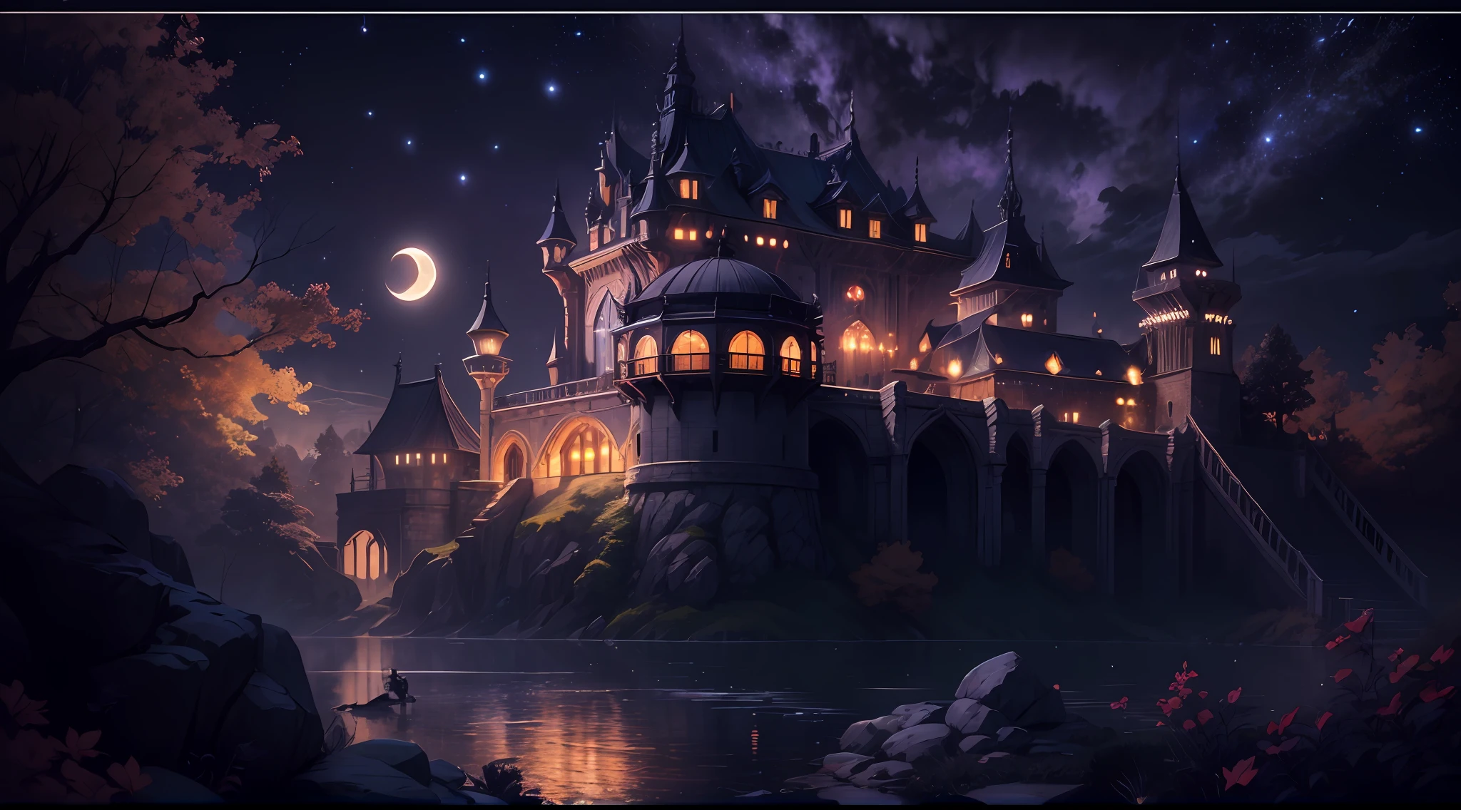 Mysterious darkness，Moonlit Night Fantasy Fortress，Bats fly，The streamer flashes，Fine image quality，Engaging perspective，Soft lighting，Great details，Transparent starry sky，Unique architecture，Blinking lights，Active character actions，tmasterpiece，high qulity，A high resolution，hyper-detailing。
