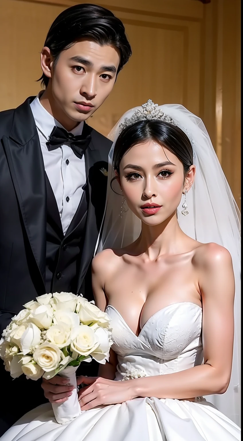 Fashion model 20 years old [[[[closeup cleavage]]]], [[[[boobgasm]]]], [[[[coll]]]], [[[[bshoulders]]]], perfect  eyes, Perfect iris，perfect lips，perfect teeth，Perfect skin，Soft front light，HDR，A couple，wedding gown，Masculine man in suit，Gentle lady wearing wedding dress，The girl has a slender face；（pastel colour：1.2）