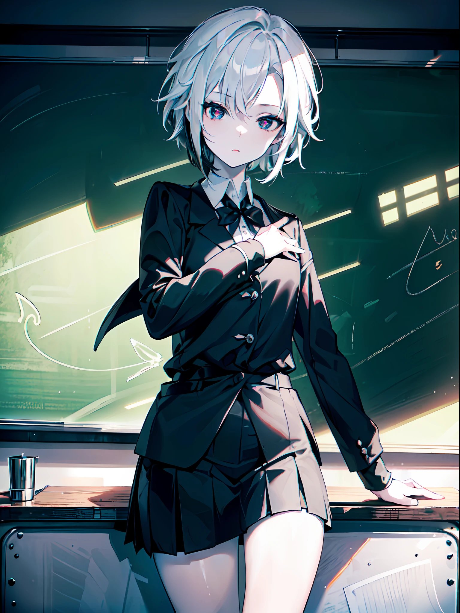 ((female)), (solo:1.2), ((masterpiece)), ((pale skin)), ((detailed eyes)), (bokeh effect), (dynamic angle), dynamic pose, white hair, black hair, gradient hair, short hair, interior, (x-shaped pupils), (teacher(, (classroom), in front of the blackboard