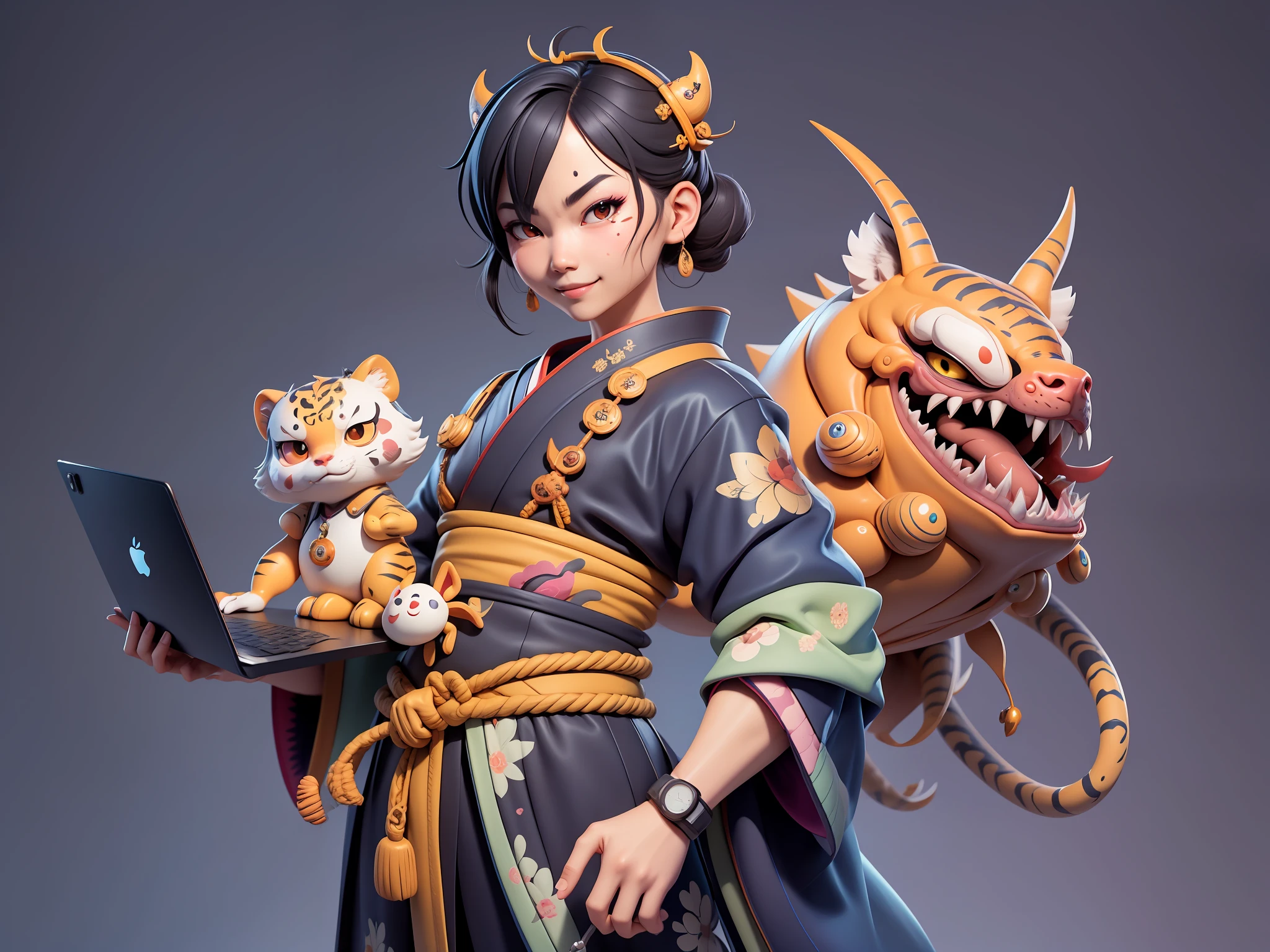 (Daisaku),(Need),(Super meticulous),(full bodyesbian:1.2),Japanese ukiyo-e girl,japanese geisha,Beautiful,Oriental dragon,one tiger,Aeolian Thor,Raised sexy,爆乳,Oriental face,TV Anchor,Bust portrait illustration,Alone,In black suit,a blue tie,The face is slightly chubby,The face was clean,without a beard,Black super short hair,Black eyes,Smile confidently,3C computer sub-products,iPad, iphone,Digital painting,3D character design by Mark Clairen and Pixar and Hayao Miyazaki and Akira Toriyama,The illustration is a high-definition illustration in 4K resolution,With very detailed facial features and cartoon-style visuals。