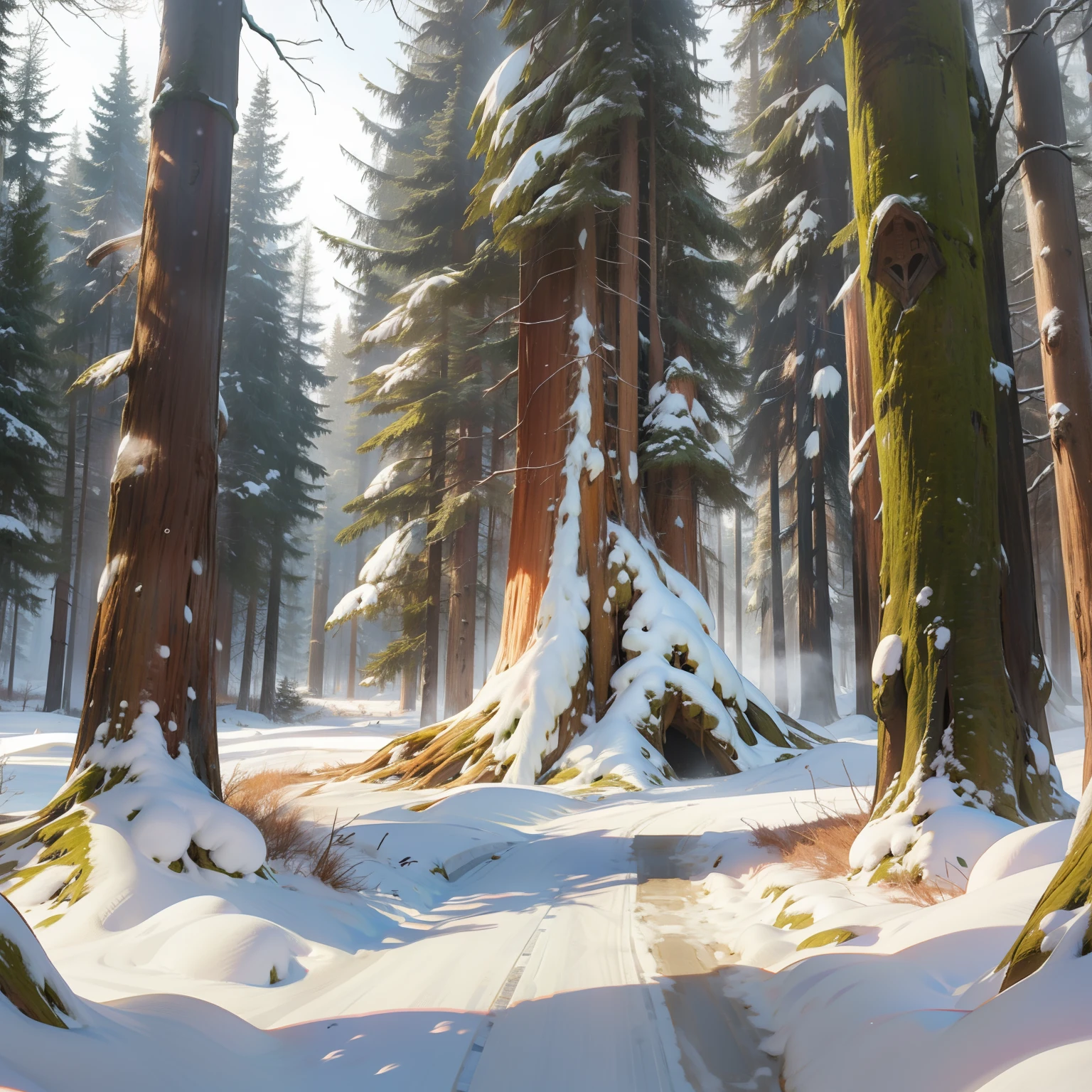 Snowy primeval forest，A big tree，There is a big hole in the tree，No one