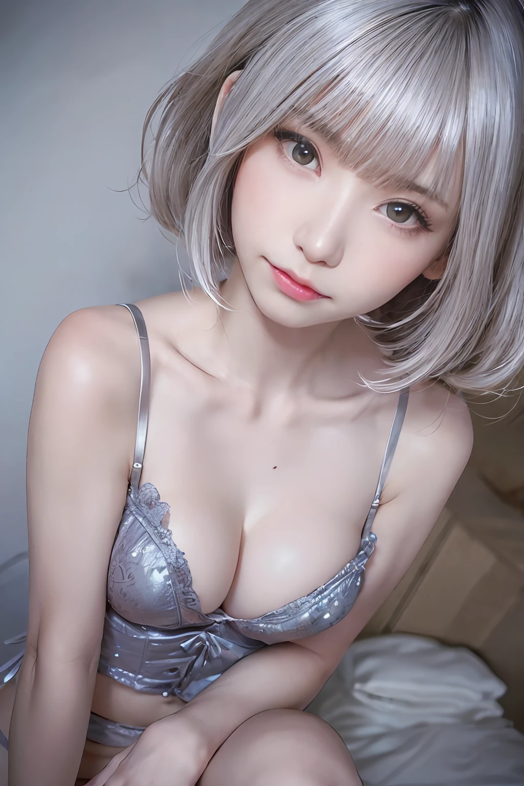 (Thin eyebrows)、(((((Closed mouth)))))、((Very strong sunlight))、((((Beautiful silver hair))))、((small head))、(Beautiful silver hair with short wavy:1.2)、FULL BODYSHOT、(((8K, Raw photography)))、 (((The face is Enako of a cosplayer))),(Shot from above in highly detailed 8K)、(extremely delicate and beautiful)、(​masterpiece)、(top-quality:1.0)、(超A high resolution:1.0)、realistic shadow、[hight resolution]、 Detailed skin、ultra-detailliert、(Beautiful hair)、Photorealsitic、Lifelike face、big breasts thin waist、realisticeyes、Small eyes、is looking at the camera、(((between breasts)))、(eye liner)、(mascara)、 Lips with pink lips、((Looks very happy))、Show shoulders、Complex patterns and transparent materials、Artistic depiction of seductive women, Emphasizes her charming silhouette。The scene is、Basking in the hot sun、It makes you feel the delicate beauty and charm of nature。(((intricate detailes))、high détails、gargantilha、NSFW,((top-quality、8K、​masterpiece:1.3))、Crisp focus:1.2、 (((Enameled purple and silver corset)))、((Above the buttocks))