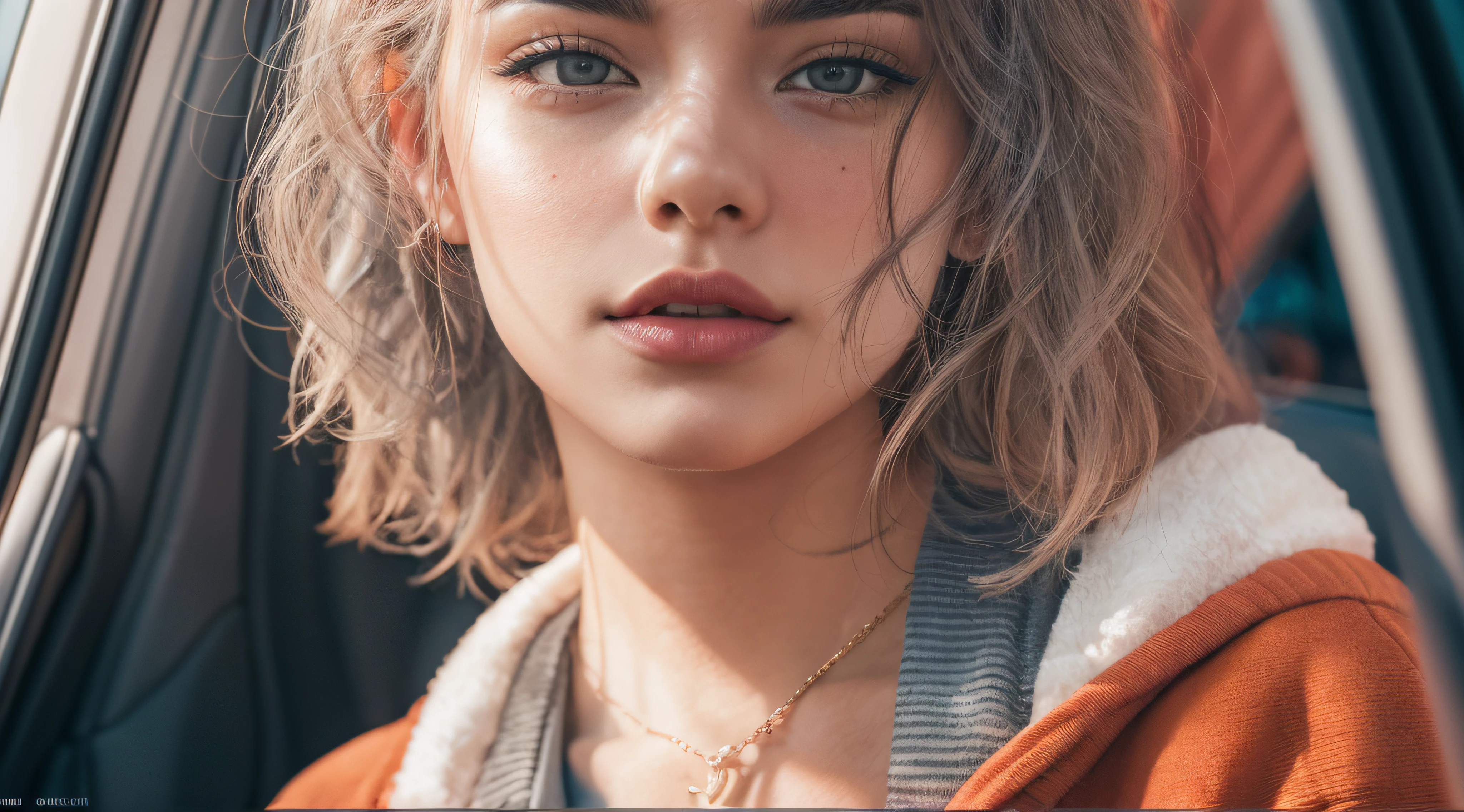RAW photo, a 22-year-old-girl, upper body, selfie in a car, blue hoodie, (raecmbr-2650:0.9), (r4ec4mbr4:0.95), (1girl), (realistic), (photo-realistic:1.5), inside a car, driving, lipstick, (freckles:0.5), (short hair), multicolor hair, necklace, (RAW photo, 8k uhd, film grain), Sharp Eyeliner, Blush Eyeshadow With Thick Eyelashes, extremely delicate and beautiful, 8k, soft lighting, high quality, highres, sharp focus, extremely detailed, during the day, (sunlight on face), beautiful detailed eyes, extremely detailed eyes and face, masterpiece, cinematic lighting, (high detailed skin:1.2), 8k uhd, dslr, soft lighting, high quality, film grain, Fujifilm XT3