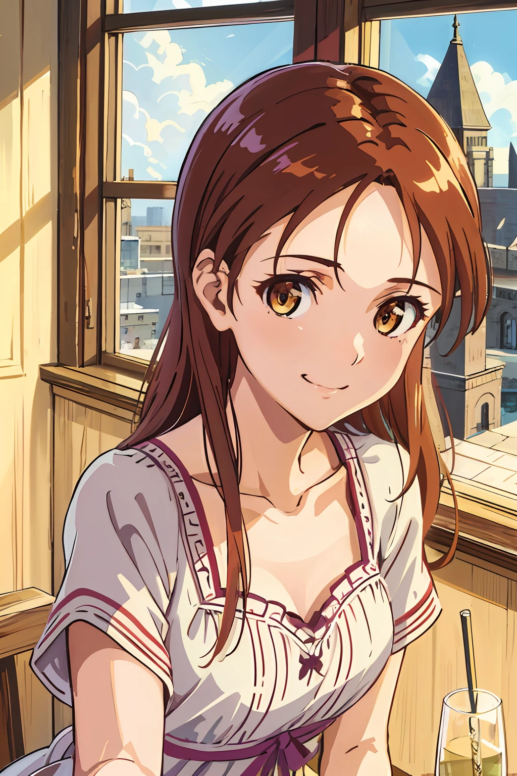 (highres, best quality:1.2), 1girl, radiance, soft contours, beautiful drawing, upper body, concept art, eyelashes, kyoani hyouka style, detailed background, bright colors,
minna-dietlinde wilcke, smile,
close-up, looking at viewer,
indoors, summer dress