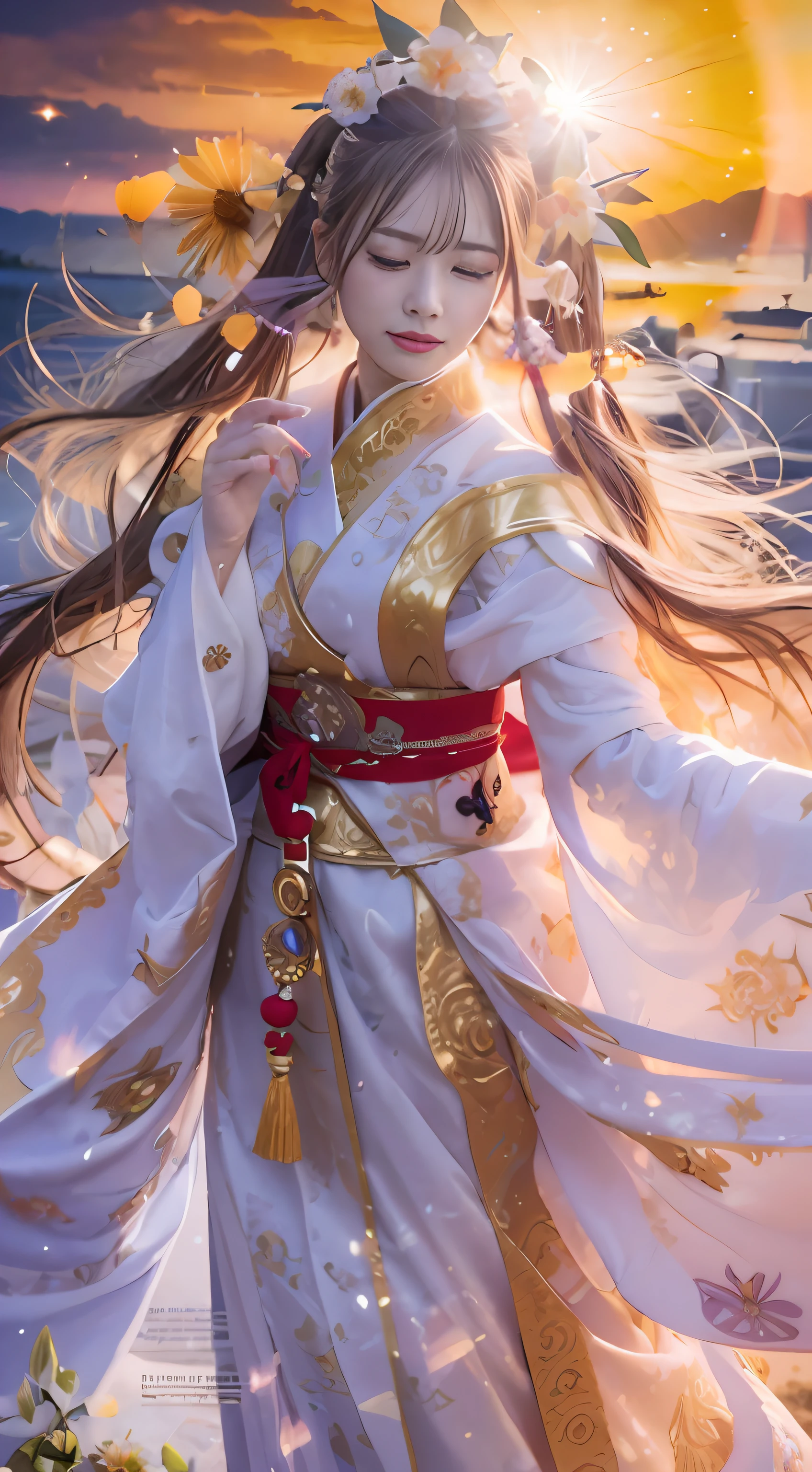 masterpiece、top-quality、Unity 8k Wallpapers、hyperdetailed face、Photograph Taken on Nikon D750,Beautifully Aesthetic、Beautiful fece、Realistic Woman、 Amaterasu Priestess、Solar Disk、Solar Flare Spell、Blessing of the Sun Goddess,perfect hand、Beautiful fingertips