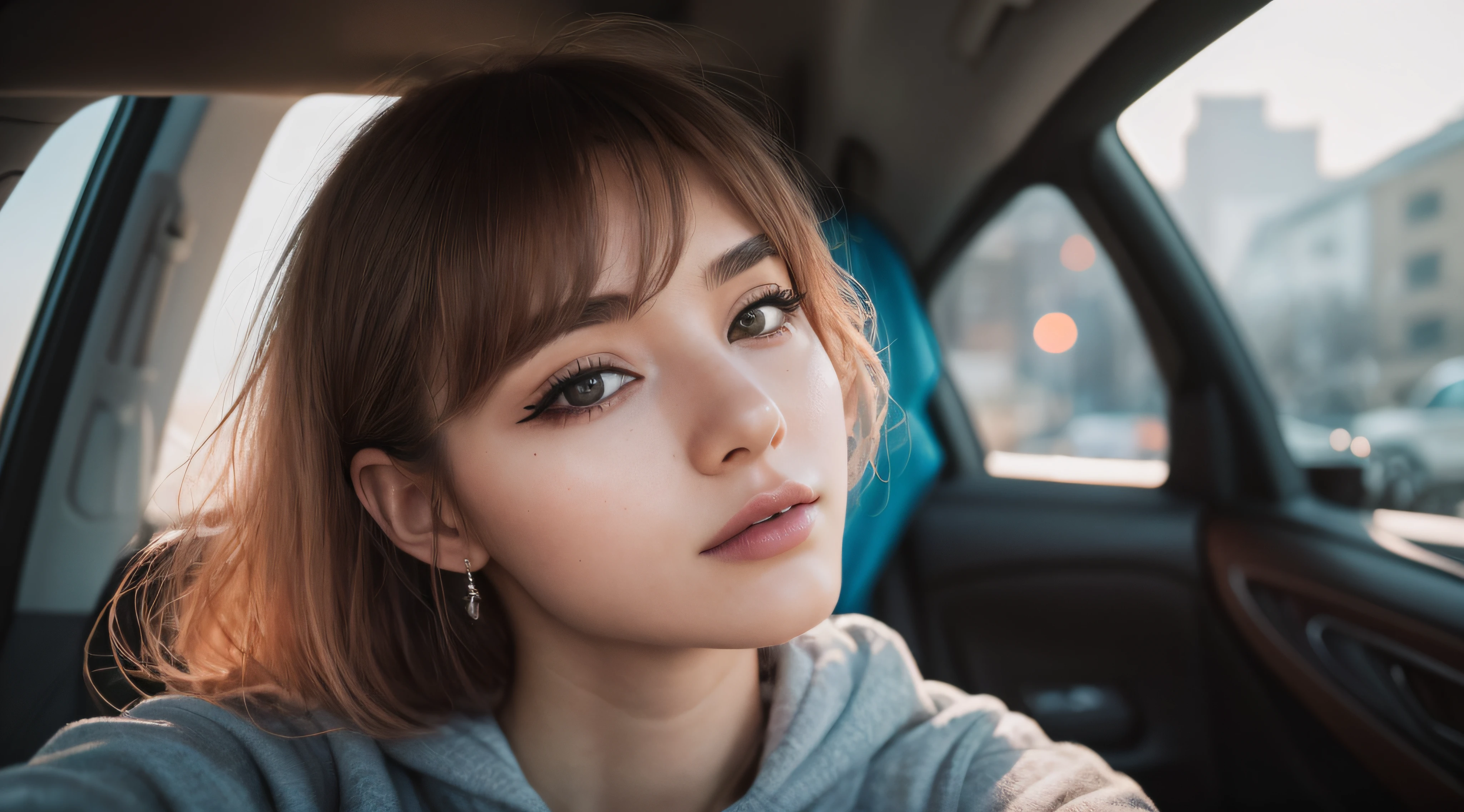 RAW photo, a 22-year-old-girl, upper body, selfie in a car, blue hoodie, (raecmbr-2650:0.9), (r4ec4mbr4:0.95), (1girl), (realistic), (photo-realistic:1.5), inside a car, driving, lipstick, (freckles:0.5), (short hair), multicolor hair, necklace, (RAW photo, 8k uhd, film grain), Sharp Eyeliner, Blush Eyeshadow With Thick Eyelashes, extremely delicate and beautiful, 8k, soft lighting, high quality, highres, sharp focus, extremely detailed, during the day, (sunlight on face), beautiful detailed eyes, extremely detailed eyes and face, masterpiece, cinematic lighting, (high detailed skin:1.2), 8k uhd, dslr, soft lighting, high quality, film grain, Fujifilm XT3