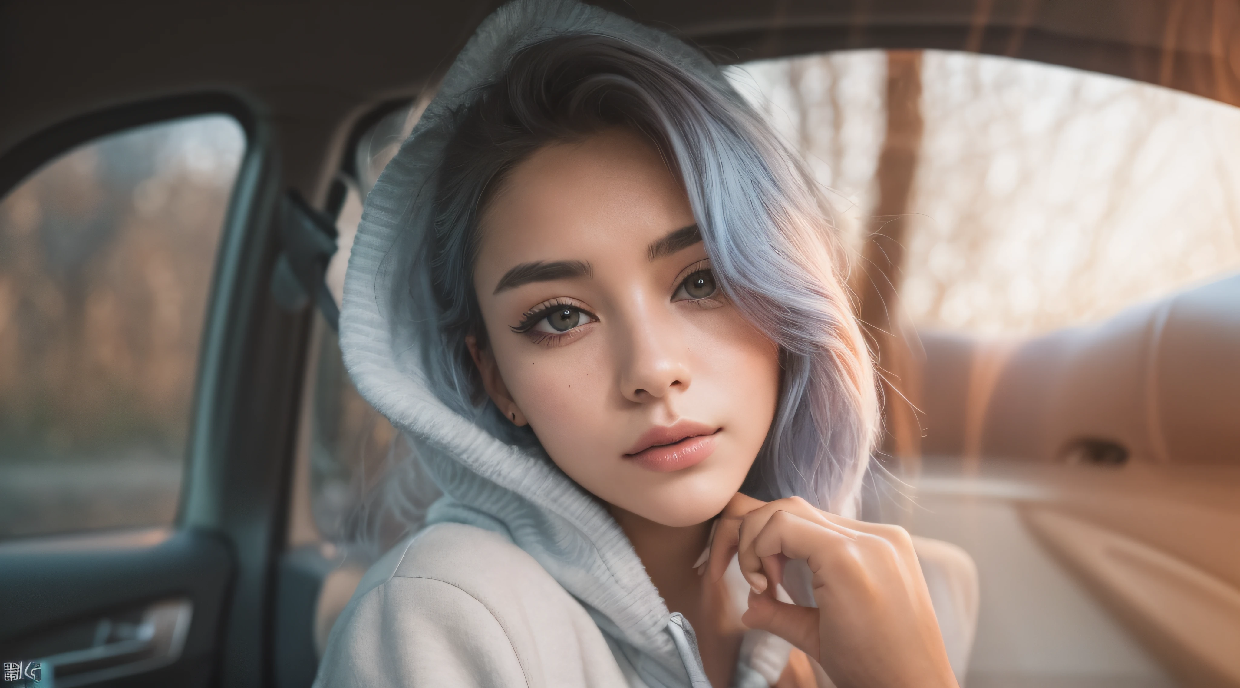 RAW photo, a 22-year-old-girl, upper body, selfie in a car, blue hoodie, (raecmbr-2650:0.9), (r4ec4mbr4:0.95), (1girl), (realistic), (photo-realistic:1.5), inside a car, driving, lipstick, (freckles:0.5), (short hair), multicolor hair, necklace, (RAW photo, 8k uhd, film grain), Sharp Eyeliner, Blush Eyeshadow With Thick Eyelashes, extremely delicate and beautiful, 8k, soft lighting, high quality, highres, sharp focus, extremely detailed, during the day, (sunlight on face), beautiful detailed eyes, extremely detailed eyes and face, masterpiece, cinematic lighting, (high detailed skin:1.2), 8k uhd, dslr, soft lighting, high quality, film grain, Fujifilm XT3