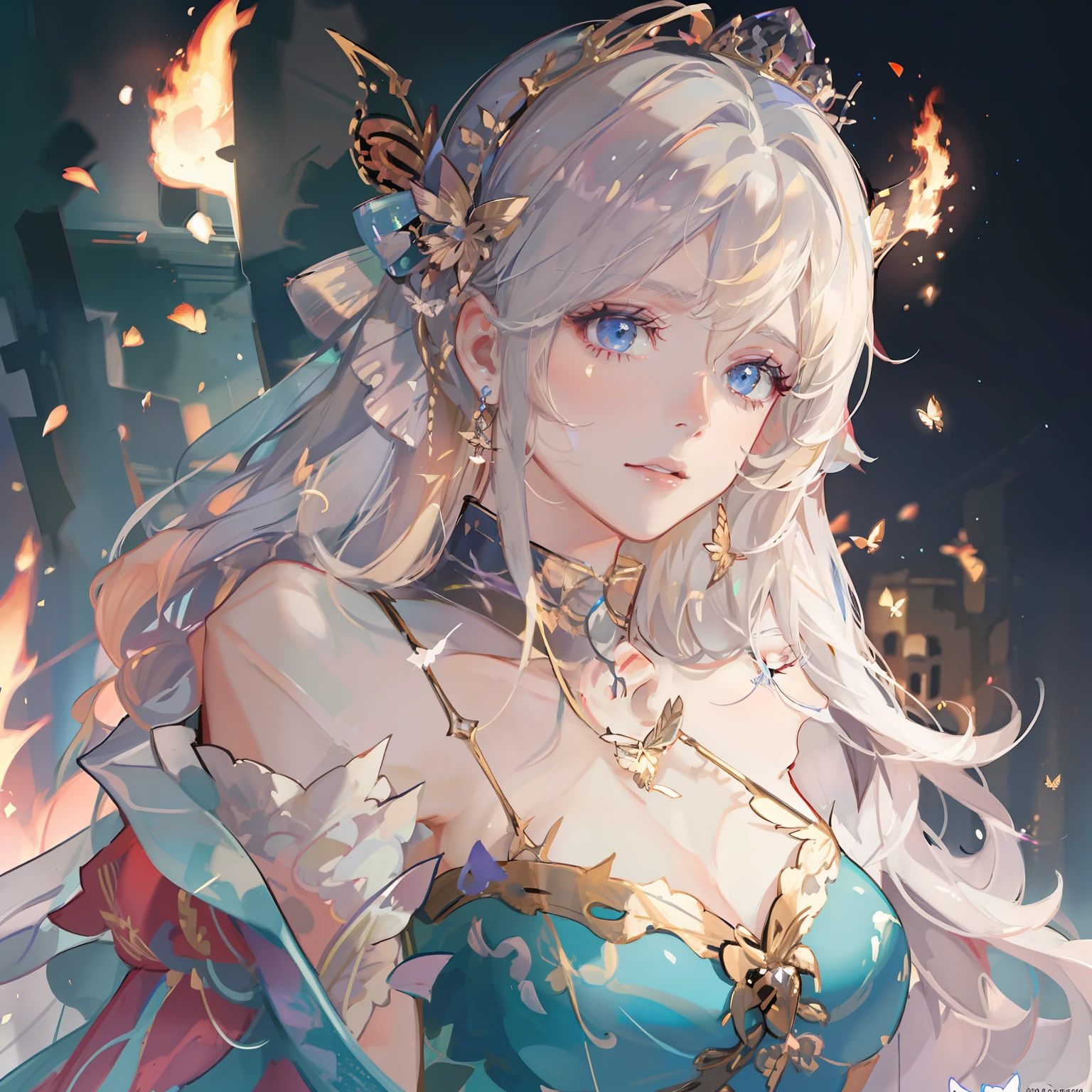 She is the queen of butterflies. She has a pair of butterfly wings made of fire. She wears a pale blue summer dress. She has a big bust. Her eyes are raimbow coloured. She is kind and gentle, but she seems to be very cold and evil. She has 2 long blond ponytails.