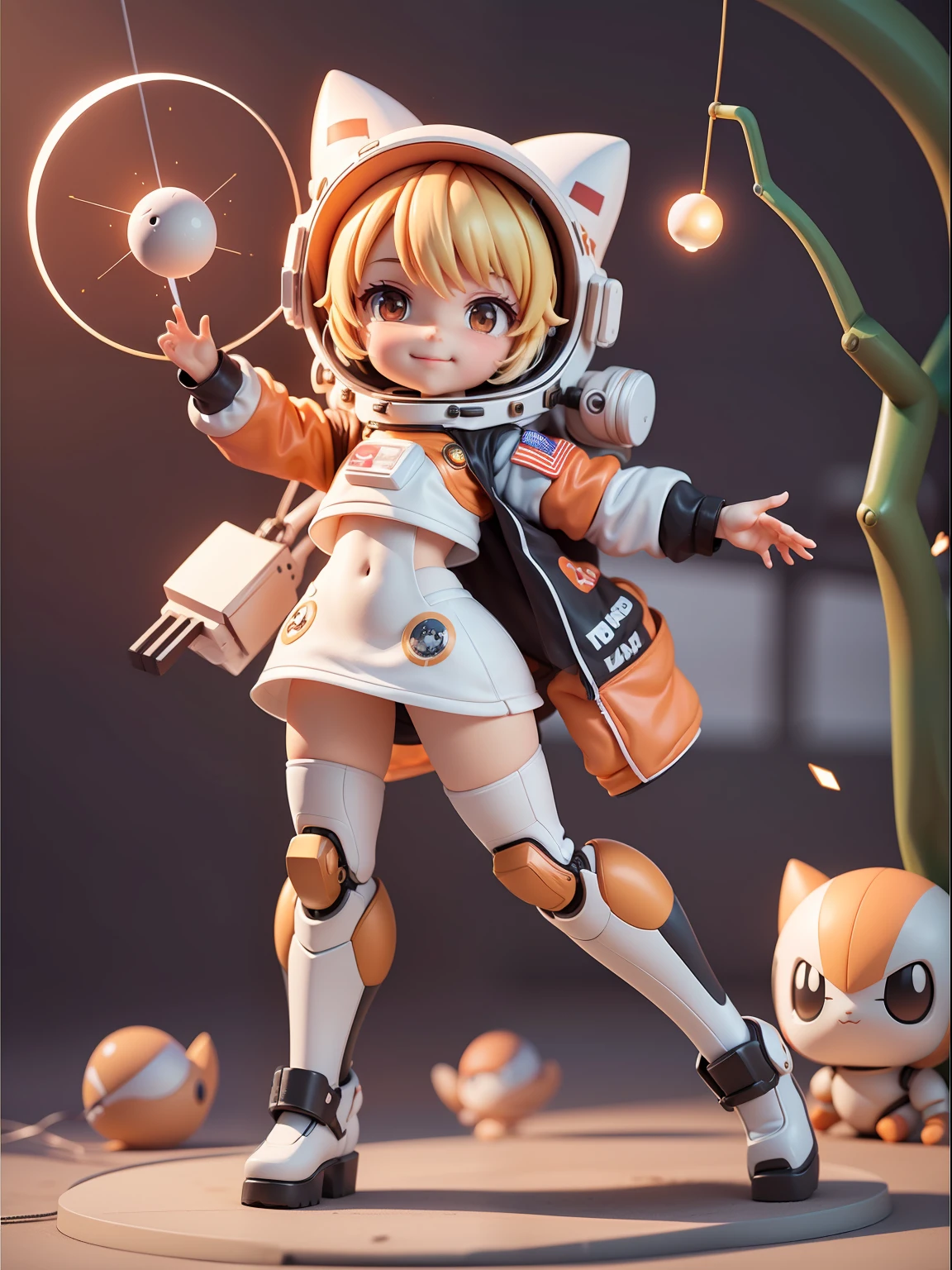 Smile and cute pose ,Orange and white color, (Cute Astronaut: 1.331), Cute Style, Small, Big Head, 3D Rendering, ((Q Version)), Pokémon style, Machine Style, Cinematic Texture, Figures, Pokémon, Movie Lights, Heavy Robotic Arm, Mechanical Belly, Mechanical Legs, Mechanical Legs, Mechanical Sense,  Spinning, Colorful Lightning, Lightning, Cool, Clean White Background, Ray Tracing, Premium Colors, Full Body 3D Model, Action, Stylish Blind Box Toys. (fill body:1.2)，chibi