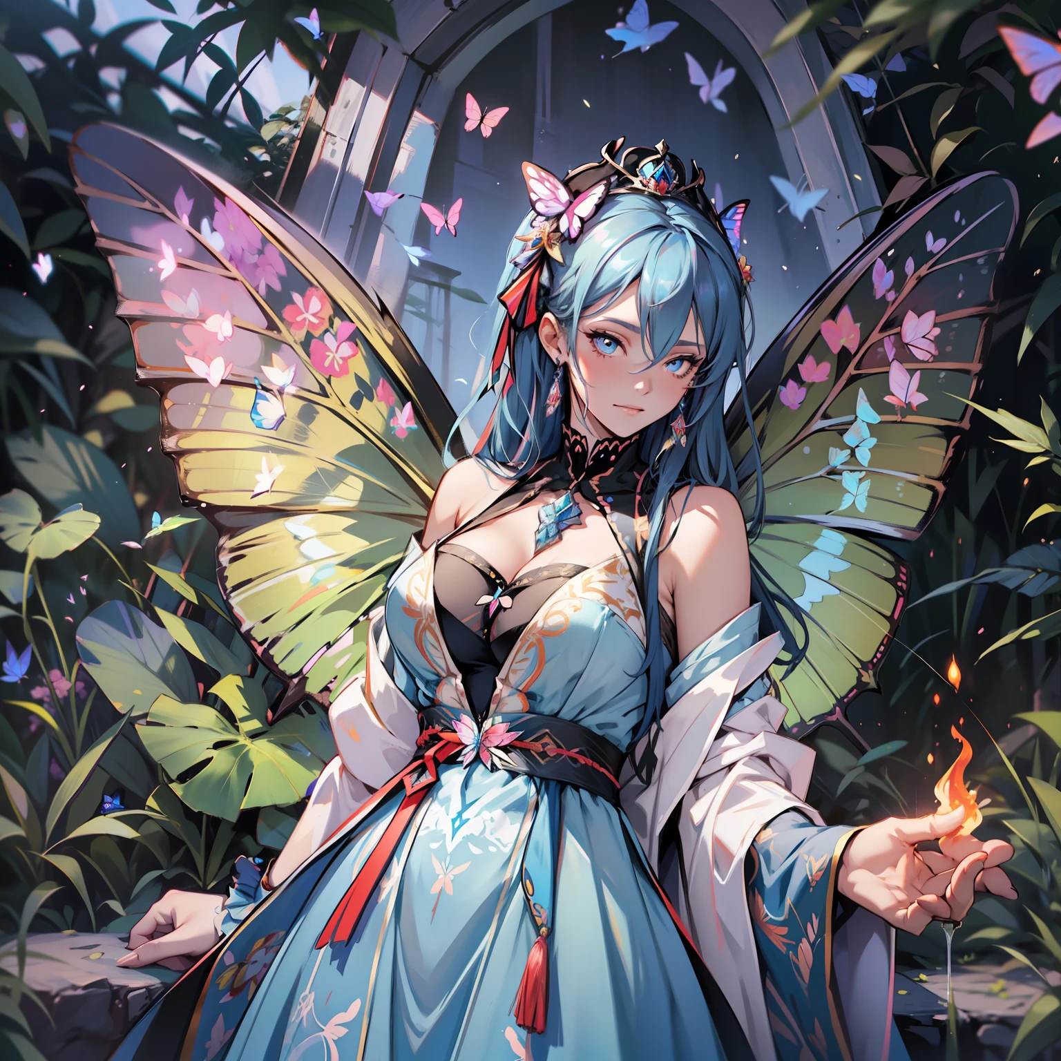 She is the queen of butterflies. She has a pair of butterfly wings made of fire. She wears a pale blue summer dress. She has a big bust. Her eyes are raimbow coloured. She is kind and gentle, but she seems to be very cold and evil.