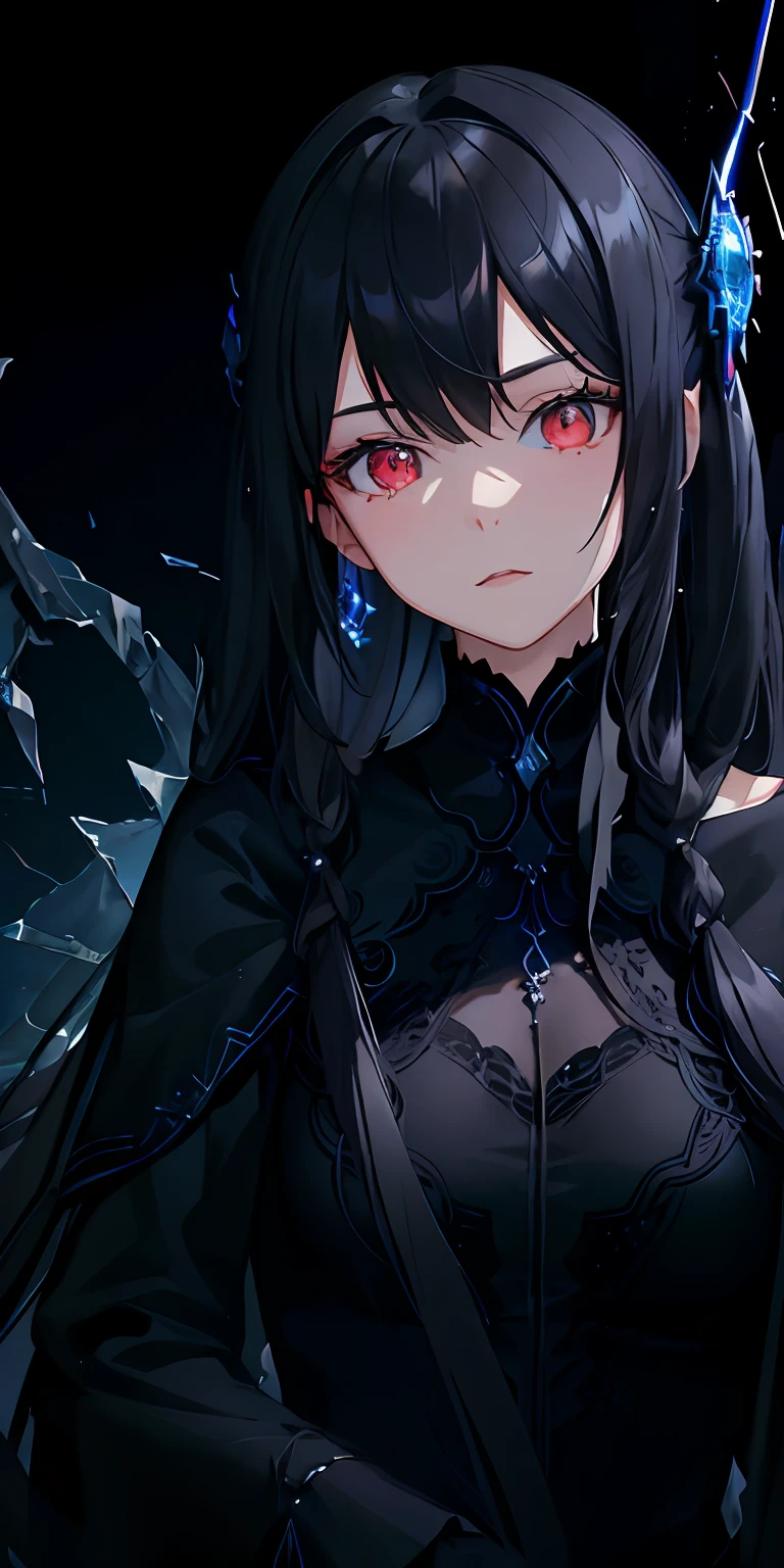 brunette color hair，Red-eyed pupils，Anime style，Cold，teens girl，dishiveredhair，Advanced lighting effects，Tattered black cloak，Black dress，oversleeve，White  socks，long whitr hair，Black hair