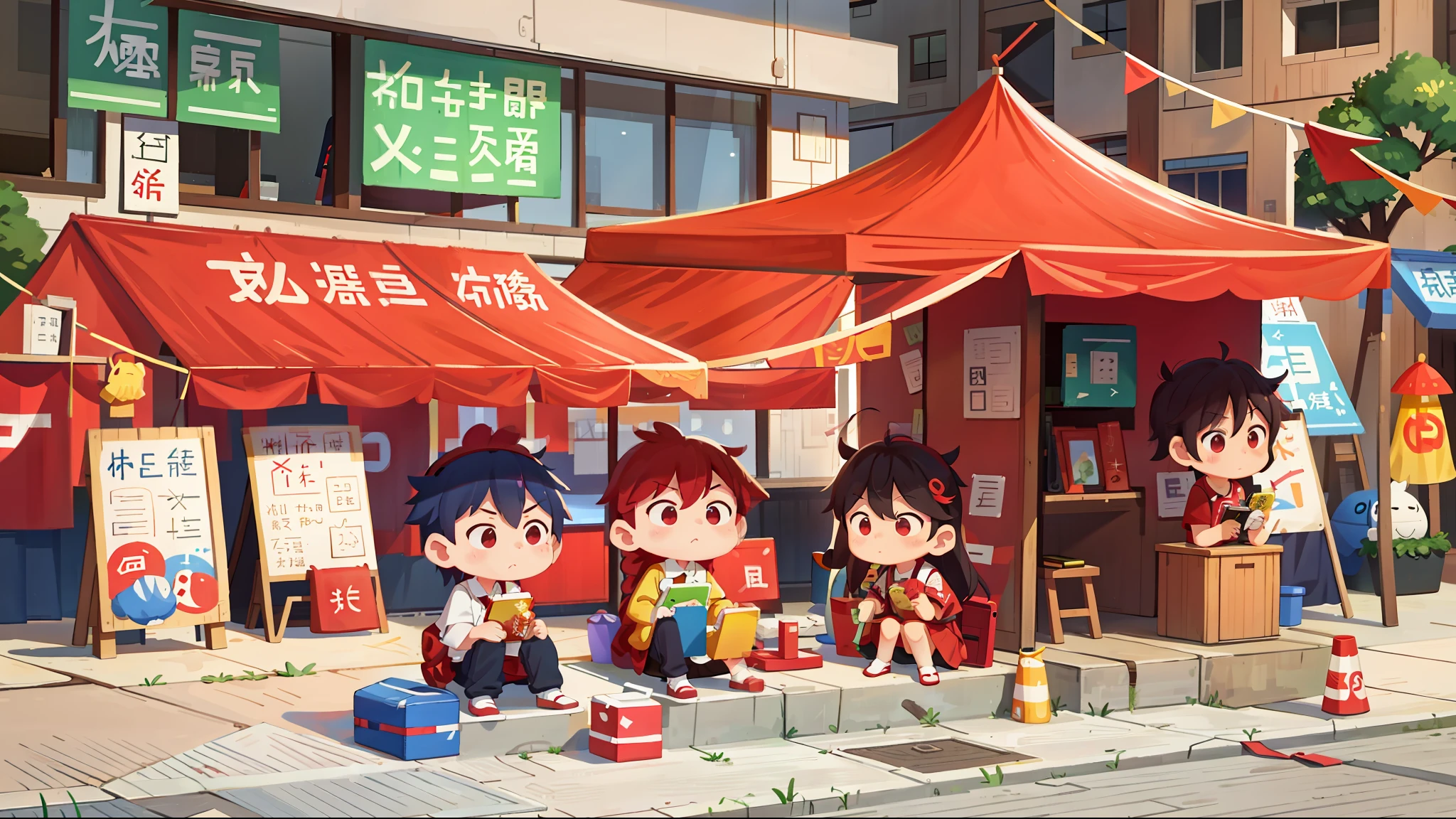 People sit under red tents on the sidewalk, author:Yi Zaiwan, by Ni Yuanlu, 💣 💥, 8K)), Taoist, 🕹️ 😎 🔫 🤖 🚬, wide - shot, wide wide shot, abcdefghijklmnopqrstuvwxyz, Yan, artist unknown, jinyiwei