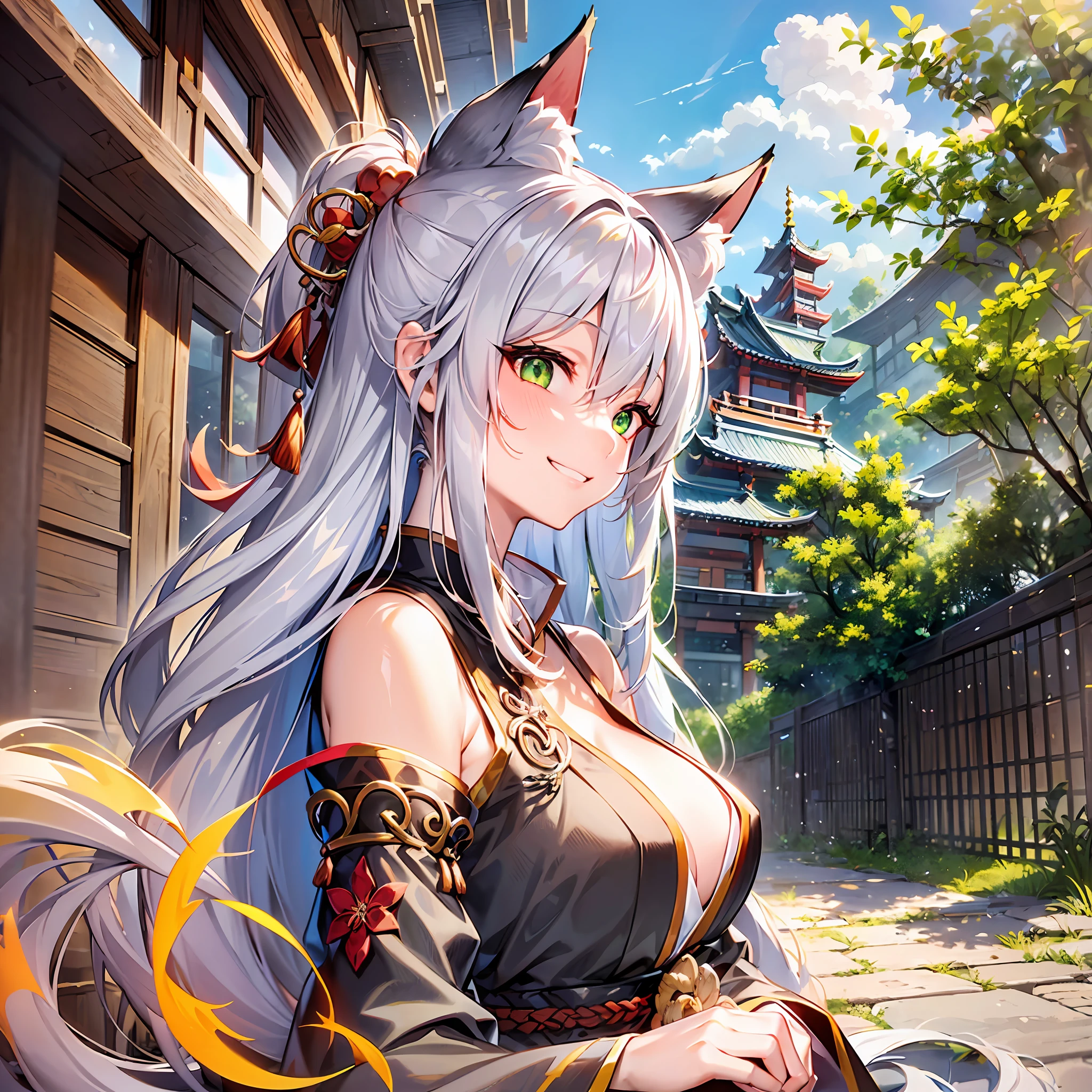 1girl, solo, fox girl, (fox ears:1.15), (silver hair:1.15), orange streaked hair,  very long hair ,updo, (green eyes:1.4), glint, (glowing eyes:1.2), (hair over one eye:1.15), (fingersmile:1.5),  (hanfu:1.25), medium breasts, (yokozuwari:1.3), profile，{{head_tilt}}，{{{looking up}}}, (from below:1.4）,outdoors, Ancient palace background,peach blossom, amimia,