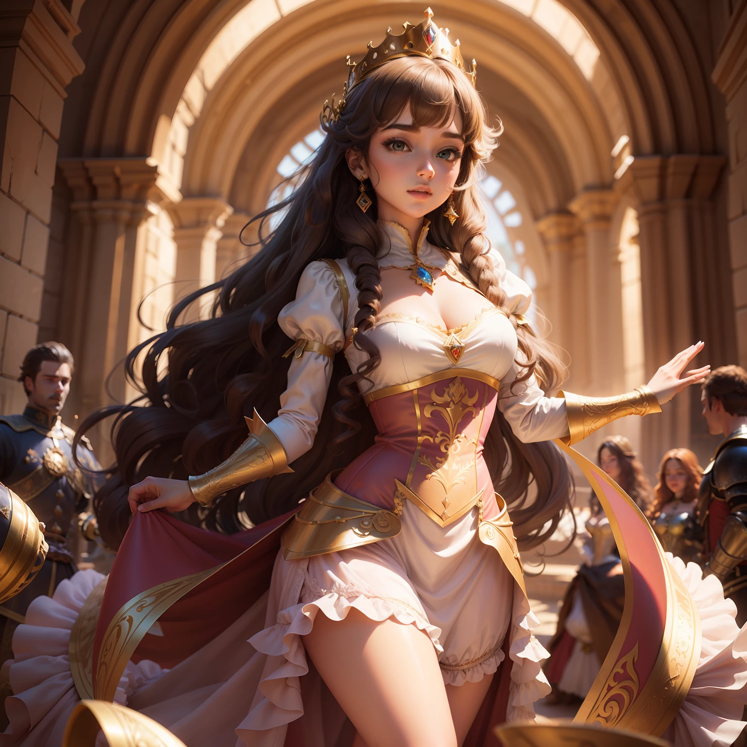 Beautiful Girl, long curly hair, Princess costume, Dancing with Knights, 3D style drawing