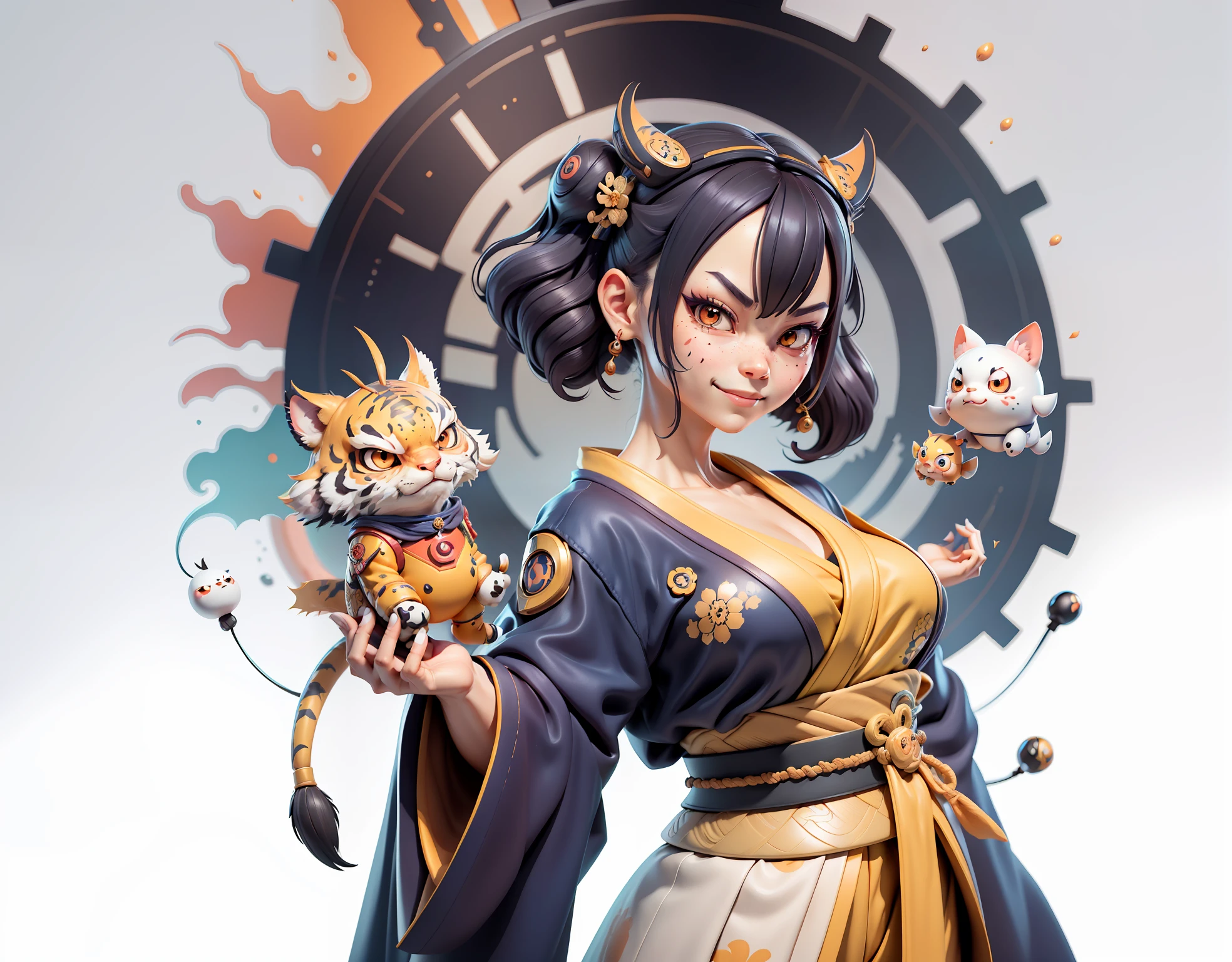 (Daisaku),(Need),(Super meticulous),(full bodyesbian:1.2),Japanese ukiyo-e girl,japanese geisha,Beautiful,Oriental dragon,one tiger,Aeolian Thor,Raised sexy,爆乳,Oriental face,TV Anchor,Bust portrait illustration,Alone,In black suit,a blue tie,The face is slightly chubby,The face was clean,without a beard,Black super short hair,Black eyes,Smile confidently,3C computer sub-products,iPad, iphone,Digital painting,3D character design by Mark Clairen and Pixar and Hayao Miyazaki and Akira Toriyama,The illustration is a high-definition illustration in 4K resolution,With very detailed facial features and cartoon-style visuals。