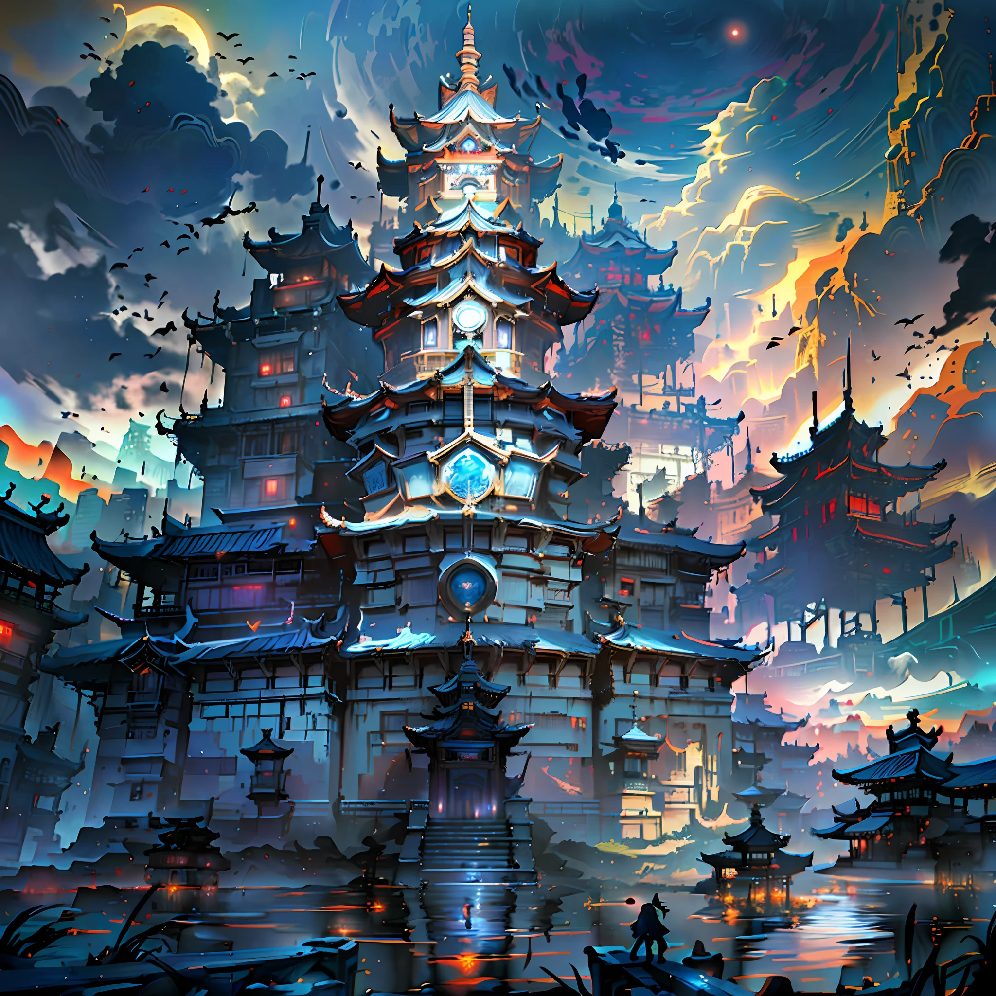 There is a building in the middle,There's a huge moon in the sky,Huge burning blue moon,cyberpunk chinese ancient castle, Inspired by Fenghua Zhong, Symmetrical epic fantasy art, author:Zhou Chen, author:Jeremy Chang, andreas rocha style, Cloud Palace, by Bayard Wu, fantasy architecture, by Raymond Han, author:ruanjia, by Yang J,Scenery at night,Contrast,Extreme graphics,Highest high resolution,The magical character of concept art,Extreme 8K image quality。Giant moon。