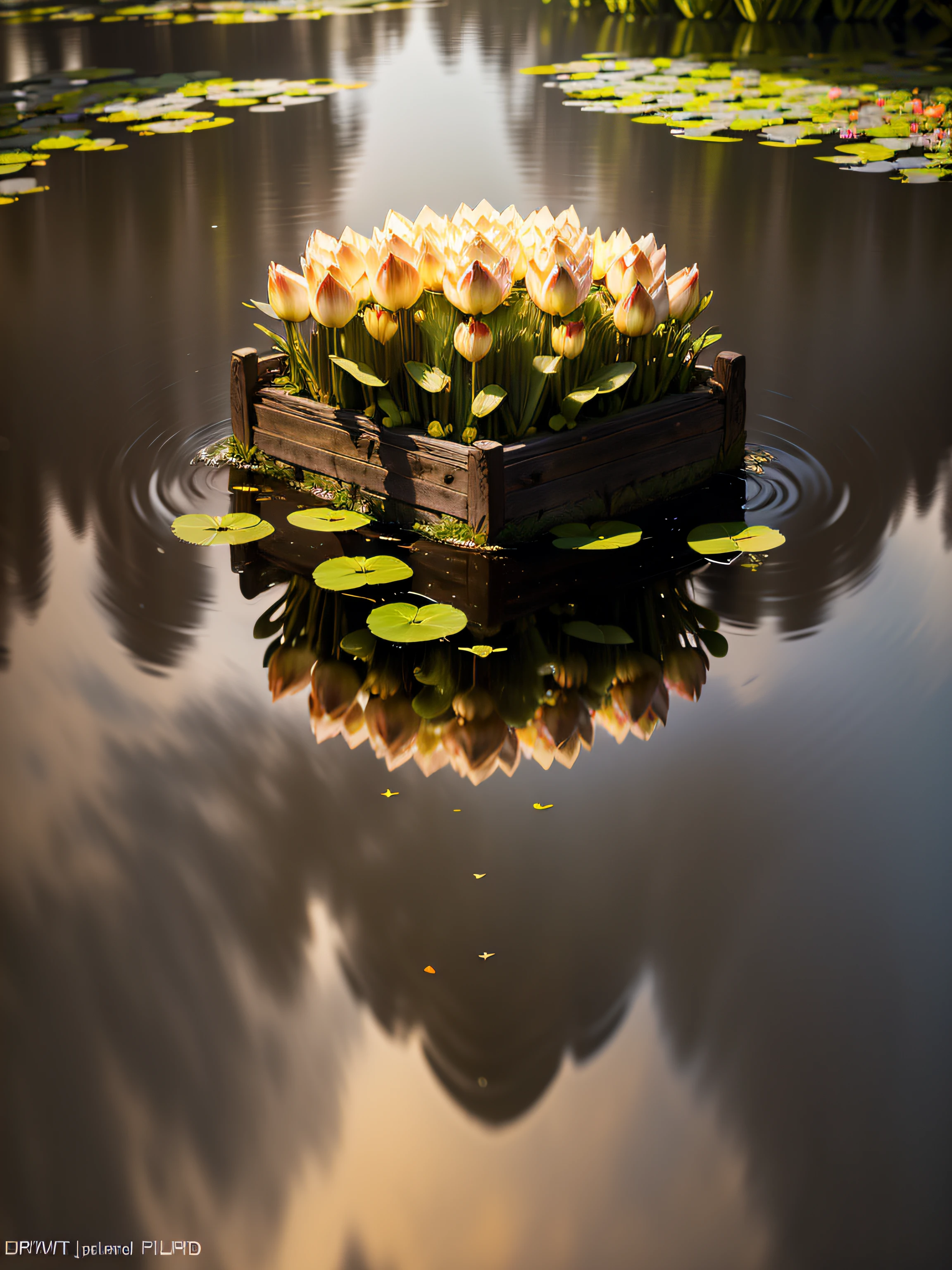 Summer pond, ponds, das boot, afternoon sunlight, Surrounded by lotus leaves, Pond background, depth of fields, scorching weather, high definition detail, Hyper-detailing, cinematic ligh, hyper realisitc, the soft light, Deep field focus bokeh, Ray traching, diffused reflections,(Ultrafine Glass Reflection)and surrealism