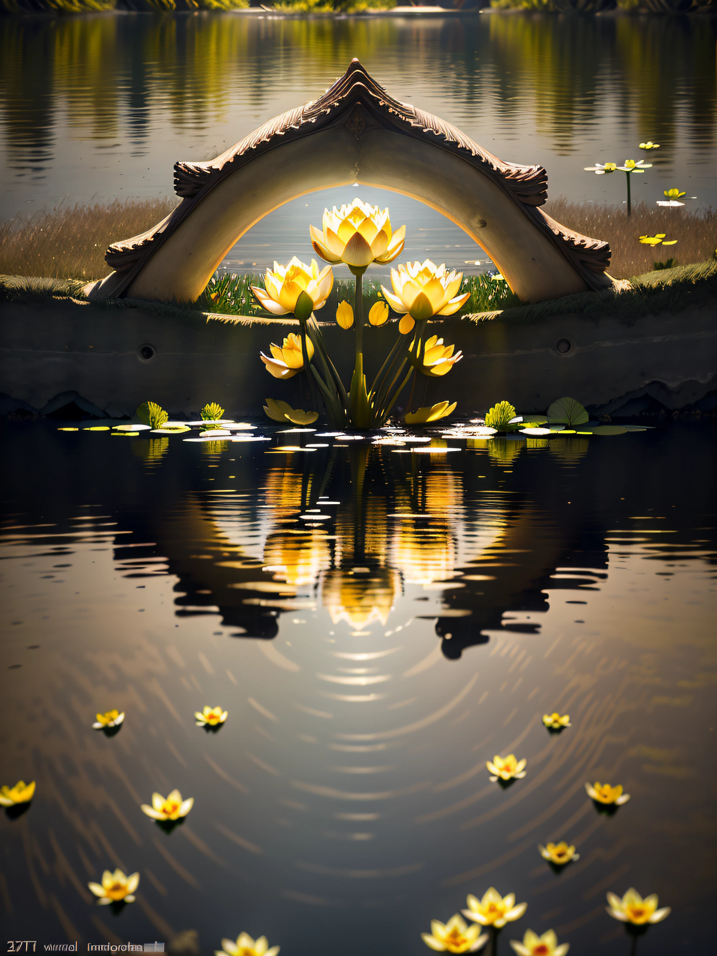 Summer pond, ponds, das boot, afternoon sunlight, Surrounded by lotus leaves, Pond background, depth of fields, scorching weather, high definition detail, Hyper-detailing, cinematic ligh, hyper realisitc, the soft light, Deep field focus bokeh, Ray traching, diffused reflections,(Ultrafine Glass Reflection)and surrealism