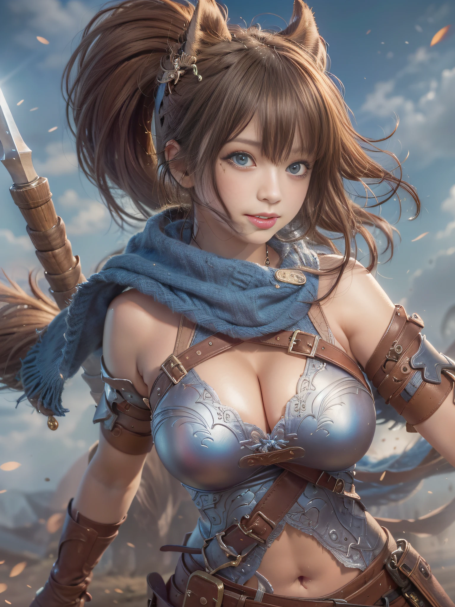 masterpiece、(top-quality:1.32), UHD、( 超A high resolution: 1.3), (CG Unity 8k wallpapers:1.2), (Detailed eyes and skin:1.35), (detailed facial features:1.25), (Detailed eyes:1.36), precise and perfect human body structure, (Textured skin: 1.26), (Photorealistic Raw Photos: 1.27),
awardwinning photo, depth of fields, Shading by sunlight、
((poneyTail: 1.47)), Brown hair, (Blue eyes: 1.28), thick bangs, Blue Ribbon,
Show white teeth and smile, cleavage of the breast, large full breasts, Attractive thighs, abdominals,
((Western armor:1.2)), Spear in hand, Multiple males attacking, Female Warrior Wielding Weapon, combat scene, battle field,