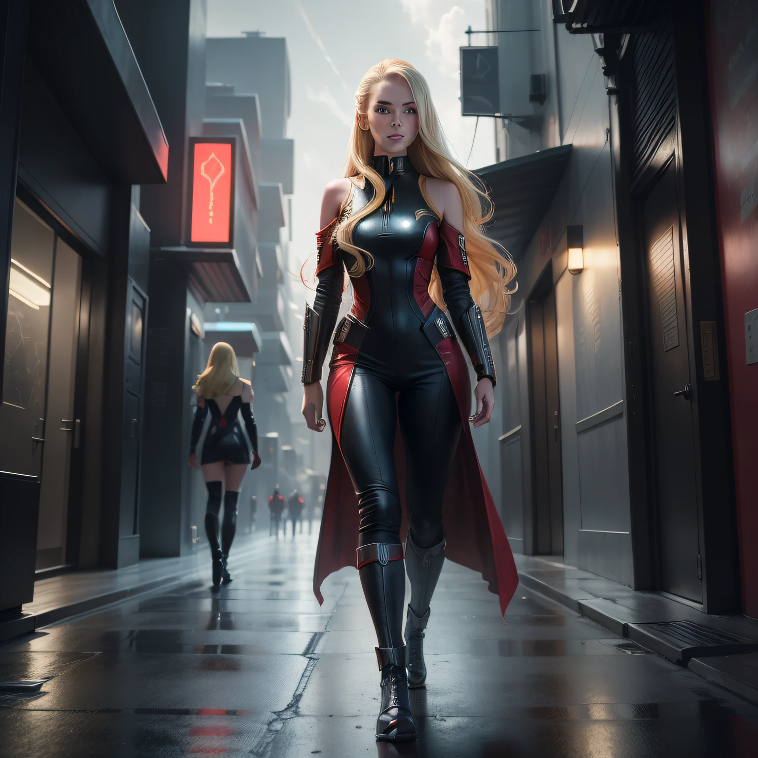 A high-resolution Hyper detailed drawing of an attractive young woman resembling Eden McCoy with shoulder length blonde hair. as a Character from Star Trek, wearing the red Star Fleet uniform from Star Trek the Original Series full body portrait walking the streets of a futuristic sci fi city with a mix of Modern and ancient buildings in the style of Bruce Pennington