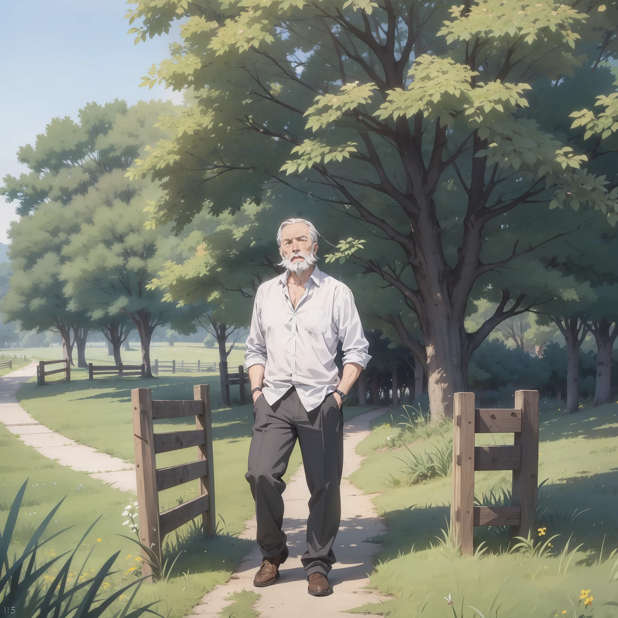 One wearing a white shirt,50-year-old gray-haired, balding middle-aged man under a tree in the countryside(astonishment,Shocked and surprised expression 1.5)(Open your mouth 1.5)(The background is rural 1.5)(Full body display 1.5)style of anime4 K,Anime rendering,style of anime。8K,Older men 1.3)(The vicissitudes of man 1.5)(Wrinkle 1.5)(Beard 1.5)(Cinematic lighting 1.5)(Master masterpieces:1.4)(Ultra-high detail1.5)(Best quality1.5)