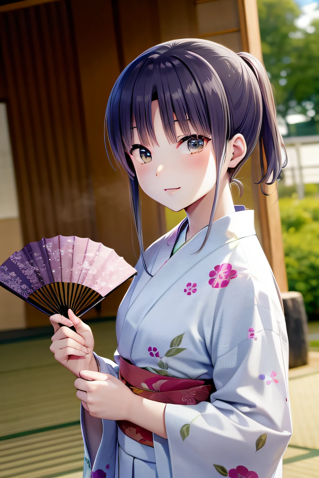 Japan Anime、Tanabata、Yukata girls、20yr old、folding fan、bamboo grass、veranda