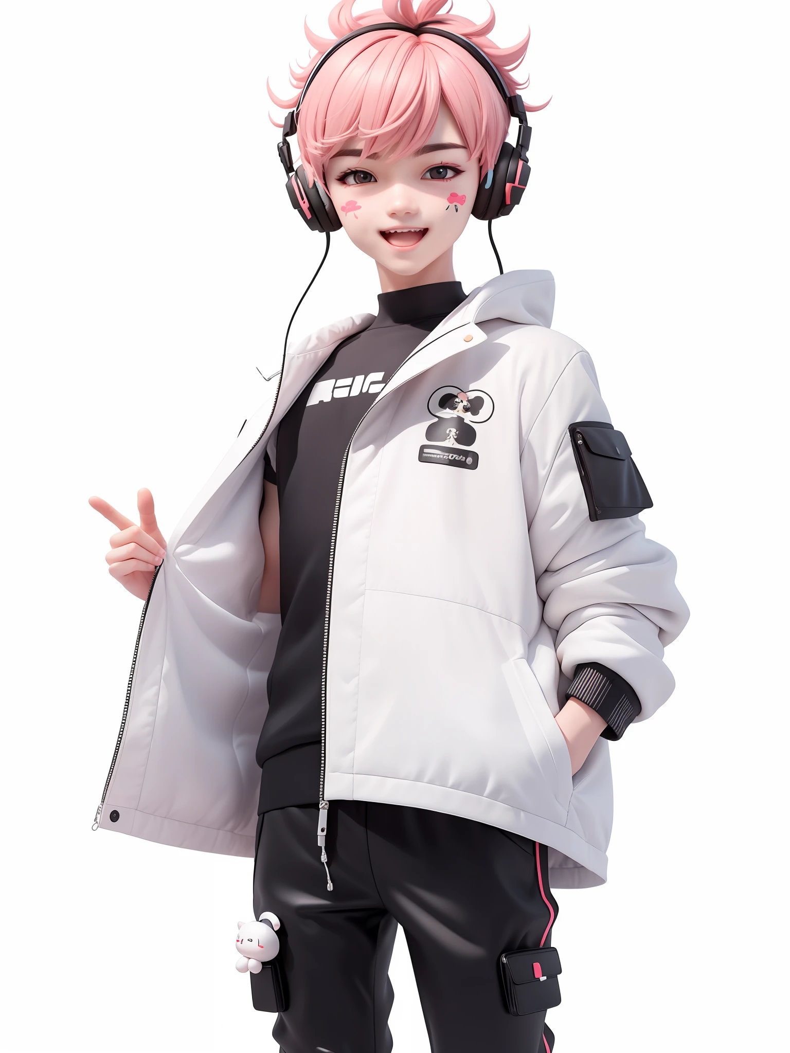 (masterpiece),(best quality),(ultra-detailed), (full body:1.2),
best quality, 1boy, solo,boylove actor , simple white background, short hair, pink lips,sh QUIFF hair, short black hair ,look like Junho, good-looking cool and Handsome kpop boy ,black
 chemical haz suit,,chibi,cute, smile, open mouth, blush stickers, long sleeves, bangs, headphones,perfect finger, (Handsome detailed face), (Handsome detailed eyes),
