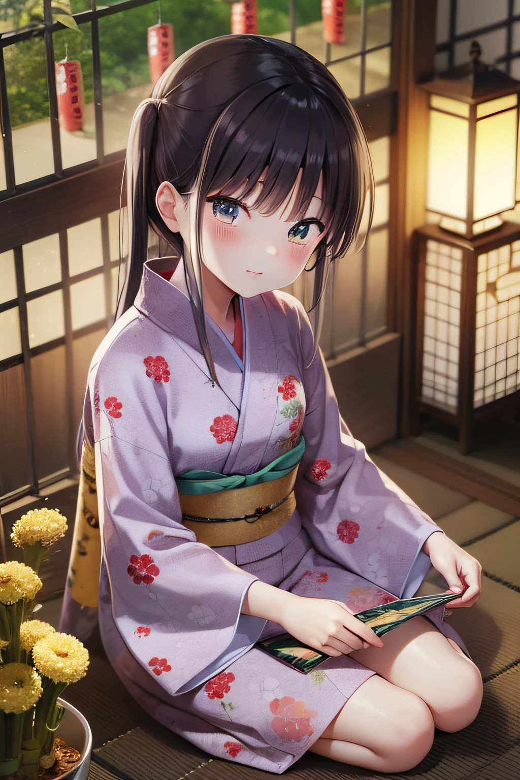 Japan Anime、Tanabata、Yukata girls、20yr old、folding fan、bamboo grass、veranda