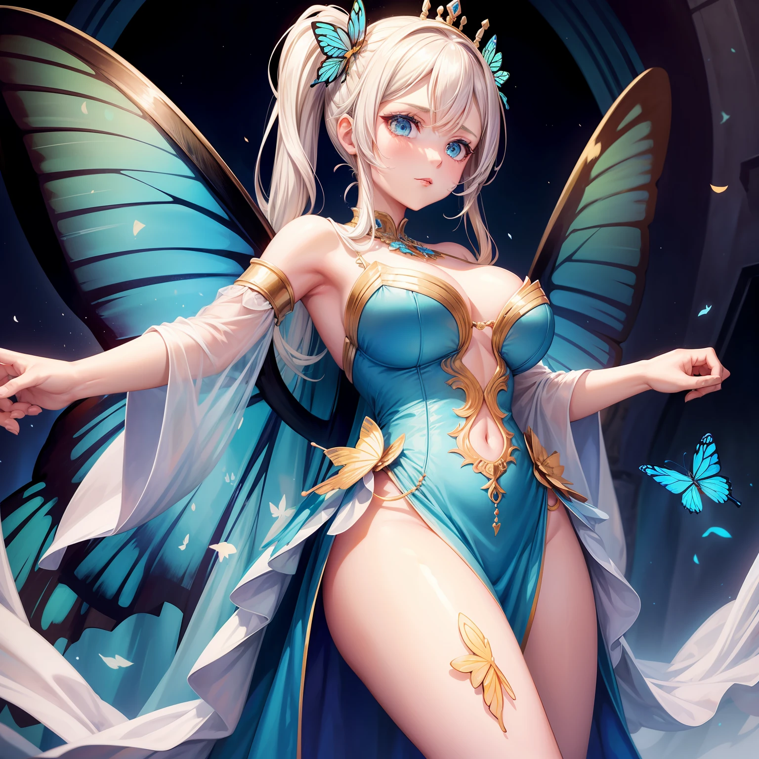 She is the queen of butterflies. She has a pair of butterfly wings made of fire. She wears a pale blue summer dress. She has a big bust. Her eyes are raimbow coloured. She is kind and gentle, but she seems to be very cold and evil. She has 2 long blond ponytails.