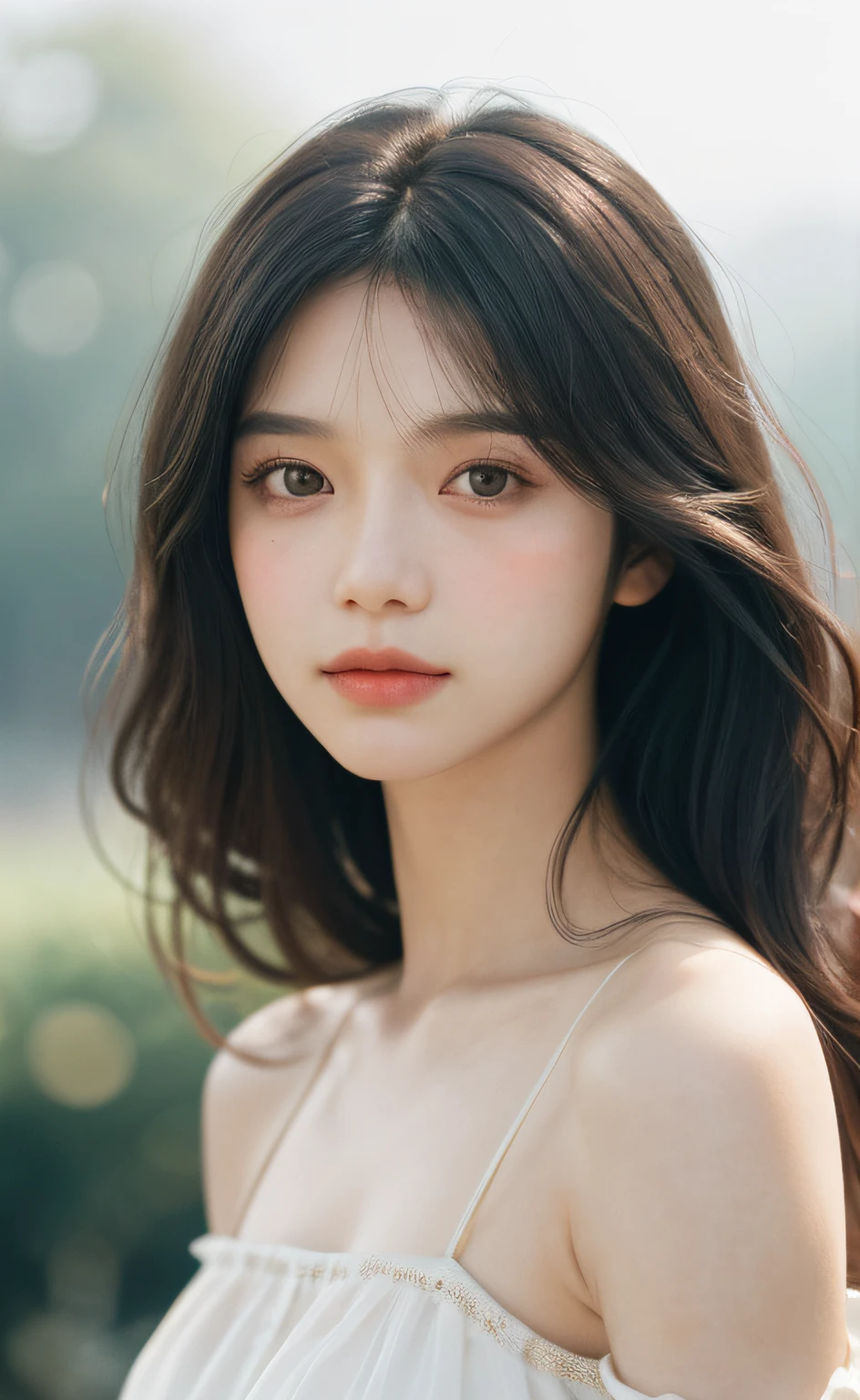 filmg, film portrait photography, 1girl, bare shoulders, wavy shoulder-length hair, serene, calm, (realistic detailed eyes, natural skin texture, realistic face details), soft dramatic lighting, depth of field, bokeh, vibrant details, finely detailed, hyperrealistic, 35mm film, hazy blur