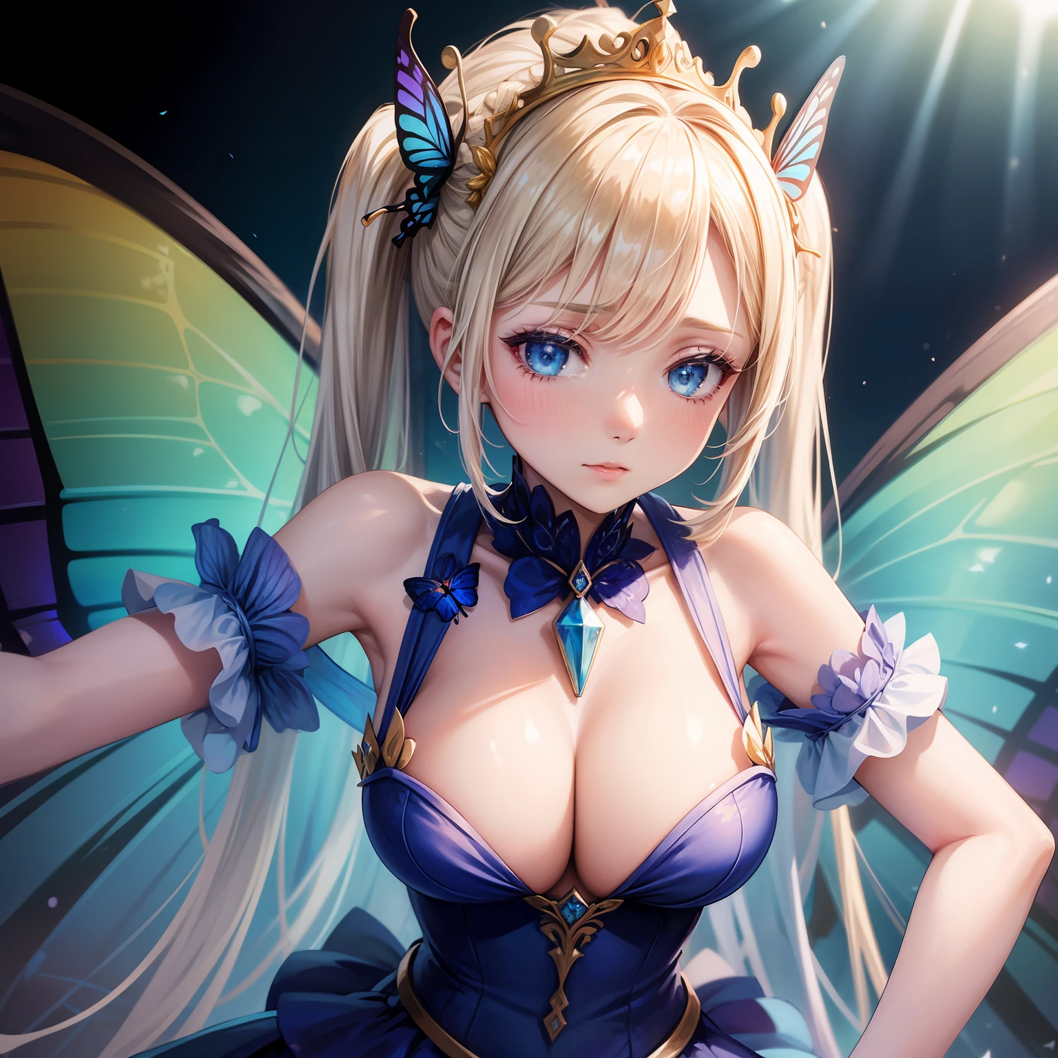 She is the queen of butterflies. She has a pair of butterfly wings made of fire. She wears a pale blue summer dress. She has a big bust. Her eyes are raimbow coloured. She is kind and gentle, but she seems to be very cold and evil. She has 2 long blond ponytails.