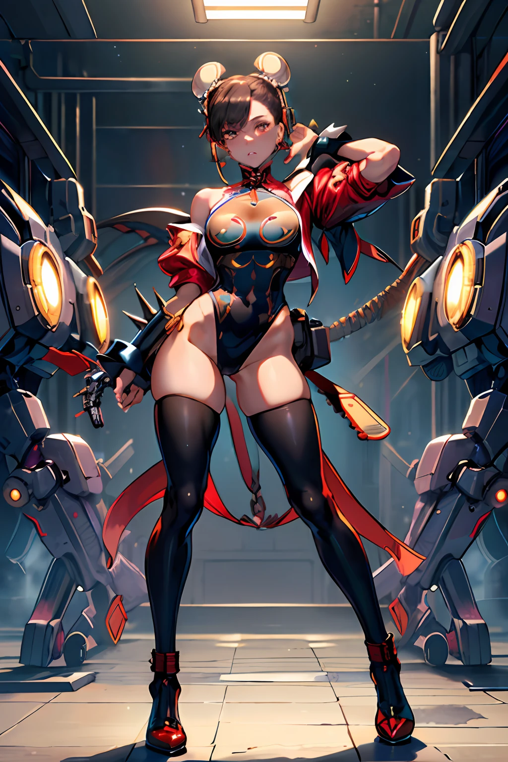 ((​masterpiece、best qualified))、1girl in、独奏、ChunLi、fullbody image、Black latex leotard、Muscular legs、eyes glowing red、deadpan、Exposed shoulders、Wearing tights on the legs、Chastity belt with heart design、Mechanical background、Machine-bound、headphones