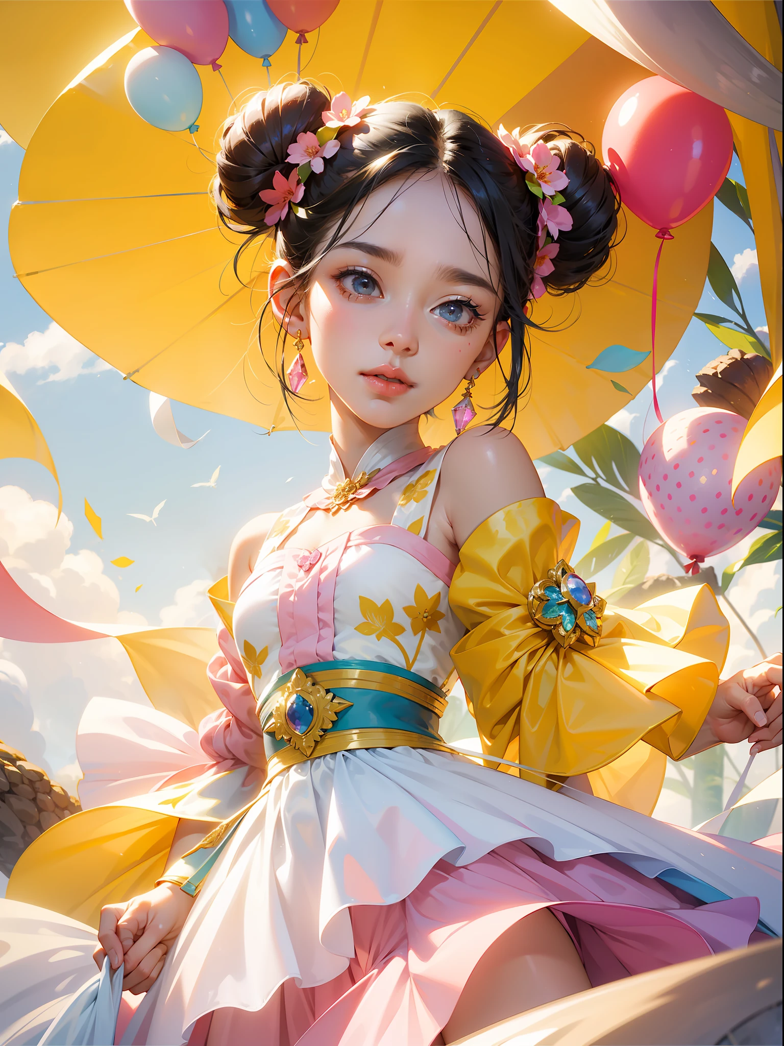 Cute girl, pink dress, flowing and dreamy style, rendered in cinema4d, made of crystal, balloon forest theme, fantastic colors, detailed design, soft focus portrait, dreamy, dream, flat chest, sweet, bow, black hair, longeyelashes, solid circle eyes, fang, double bun, hair bow, crescent hair ornament, Surrealism, atmospheric perspective, depth of field, cinematic lighting, super detail, ccurate, best quality, masterpiece, ccurate, anatomically correct, textured skin, high details, high quality