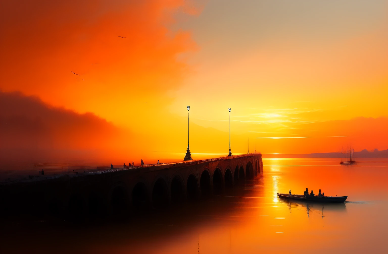 Paint a sunset on the water,In the background is a bridge, Atmospheric. Digital painting, digital landscape art, blurry and dreamy illustration, in stunning digital paint, soft digital painting, warm beautiful scene, expressive digital painting, sunset illustration, Maurice Sapiro, Artistic landscape, digital art picture, matte digital painting, landscape artwork
