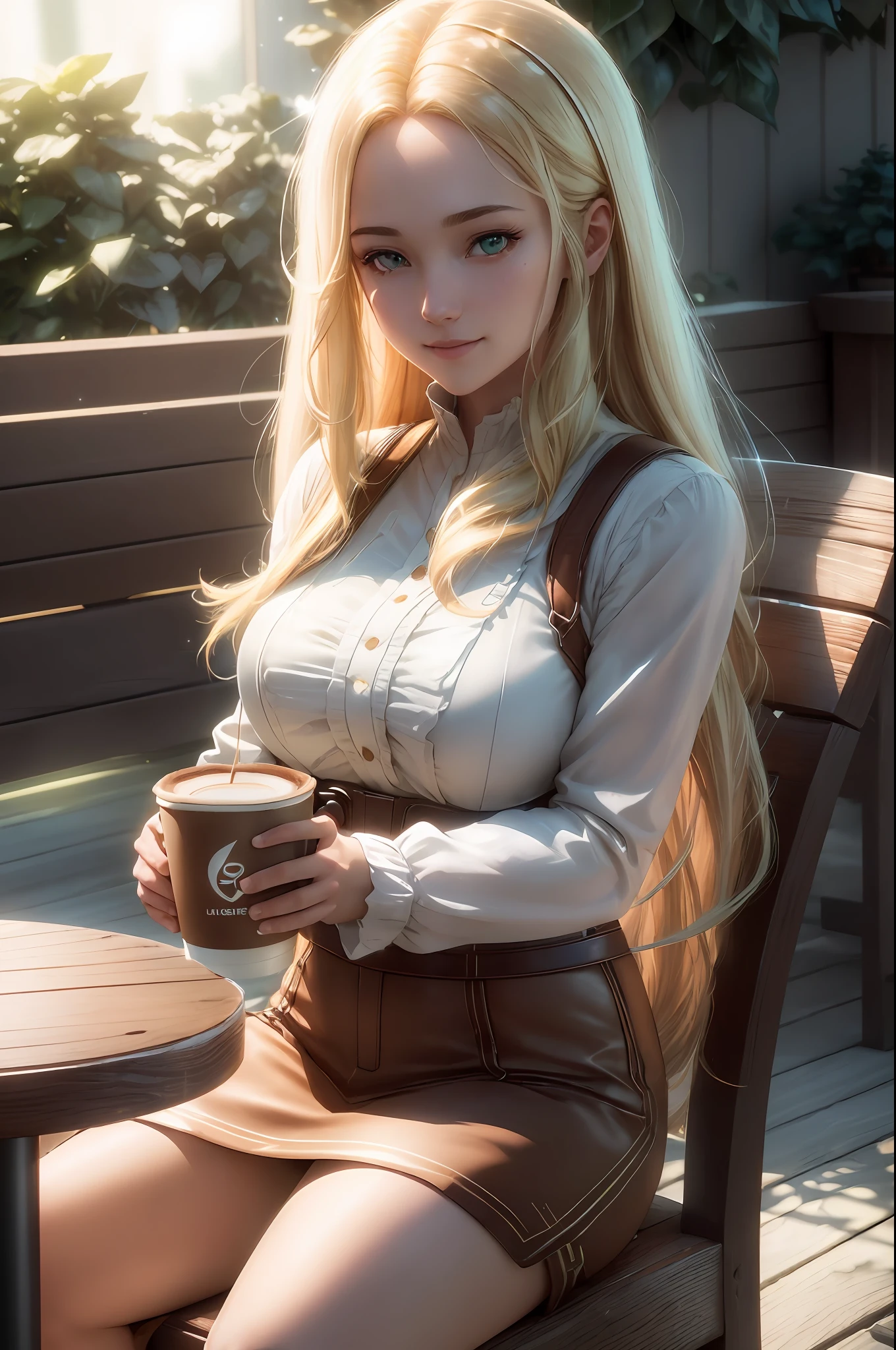 a girl sitting on a chair outside of a coffee shop, (large coffee shop:1.4),  (wooden chairs:1.4), (table:1.4), drinking coffee, (coffee mug:1.4), Thick Body, (Long Blond Hair:1.4), Green Eyes, HDR (High Dynamic Range), Ray Tracing, NVIDIA RTX, Super-Resolution, Unreal 5, Subsurface Scattering, PBR Texturing, Post-Processing, Anisotropic Filtering, Depth-Of-Field ,Maximum Clarity And Sharpness, Multi-Layered Textures, Albedo And Specular Maps, Surface Shading, Accurate Simulation Of Light-Material Interaction, Octane Render, Two-Tone Lighting, Low ISO, White Balance, Rule Of Thirds, Wide Aperture, 8K RAW, Efficient Sub-Pixel, Sub-Pixel Convolution, (Luminescent Particles:1.4), {{Masterpiece, Best Quality, Extremely Detailed CG, Unity 8k Wallpaper, 3D, Cinematic Lighting, Lens Flare}}, perfect fingers, perfect clothes,1 tea,two legs, smile,walking