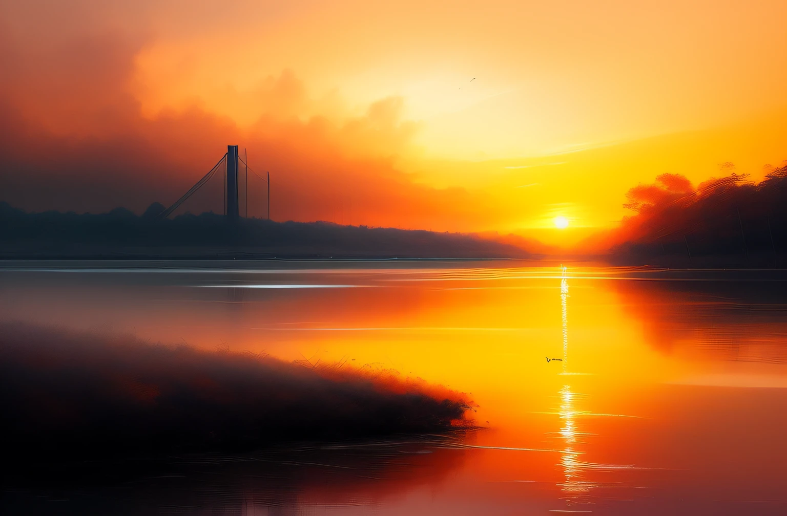 Paint a sunset on the water，In the background is a bridge, Atmospheric. Digital painting, digital landscape art, blurry and dreamy illustration, in stunning digital paint, soft digital painting, warm beautiful scene, expressive digital painting, sunset illustration, Maurice Sapiro, Artistic landscape, digital art picture, matte digital painting, landscape artwork