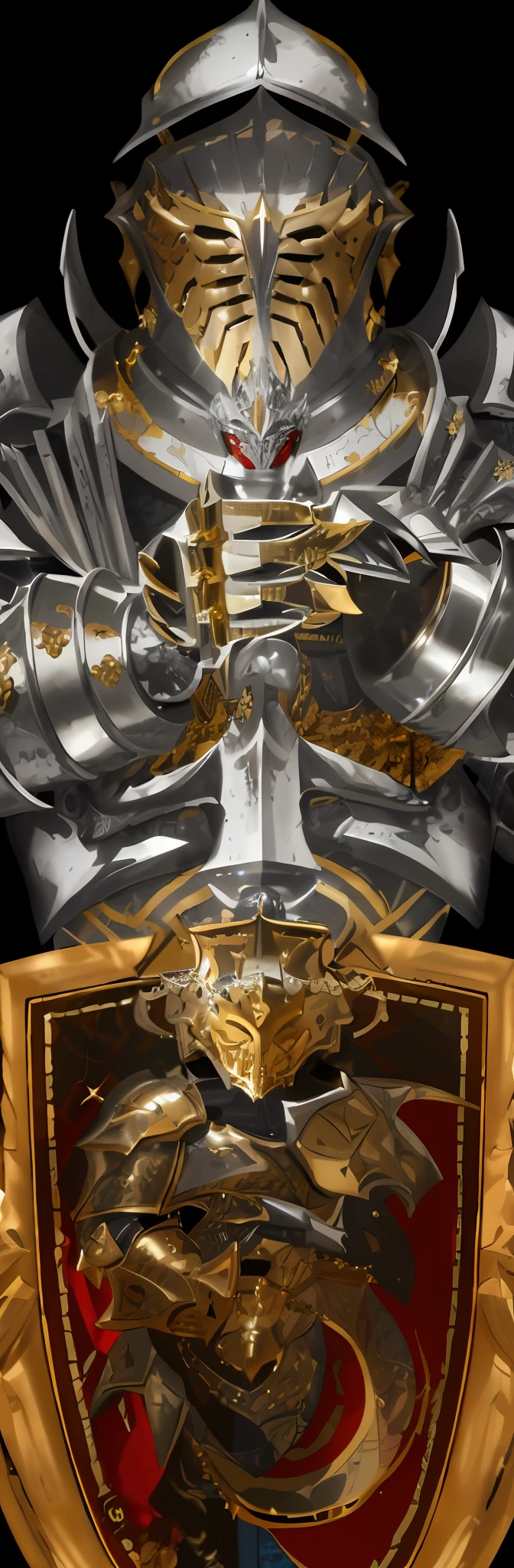 Close-up of a shield with a knight's helmet, silver and gold heavy armor, the golden cat armor knight, Silver armor,Thin gold trim, Silver armor,golden trim, heavy white and golden armor, paladin golden armor, gold and silver armour suit, armor focus on face, Epic Paladin armor, heavy golden armour, paladin armor