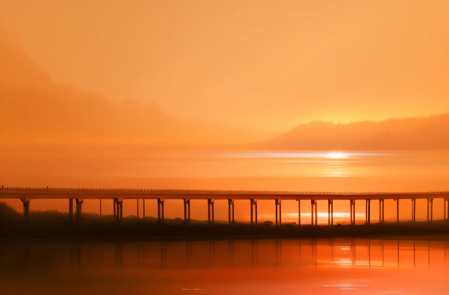 Painting sunset over a body of water，In the background is a bridge, Atmospheric. Digital painting, digital landscape art, blurry and dreamy illustration, in stunning digital paint, soft digital painting, warm beautiful scene, expressive digital painting, sunset illustration, Maurice Sapiro, Artistic landscape, digital art picture, matte digital painting, landscape artwork