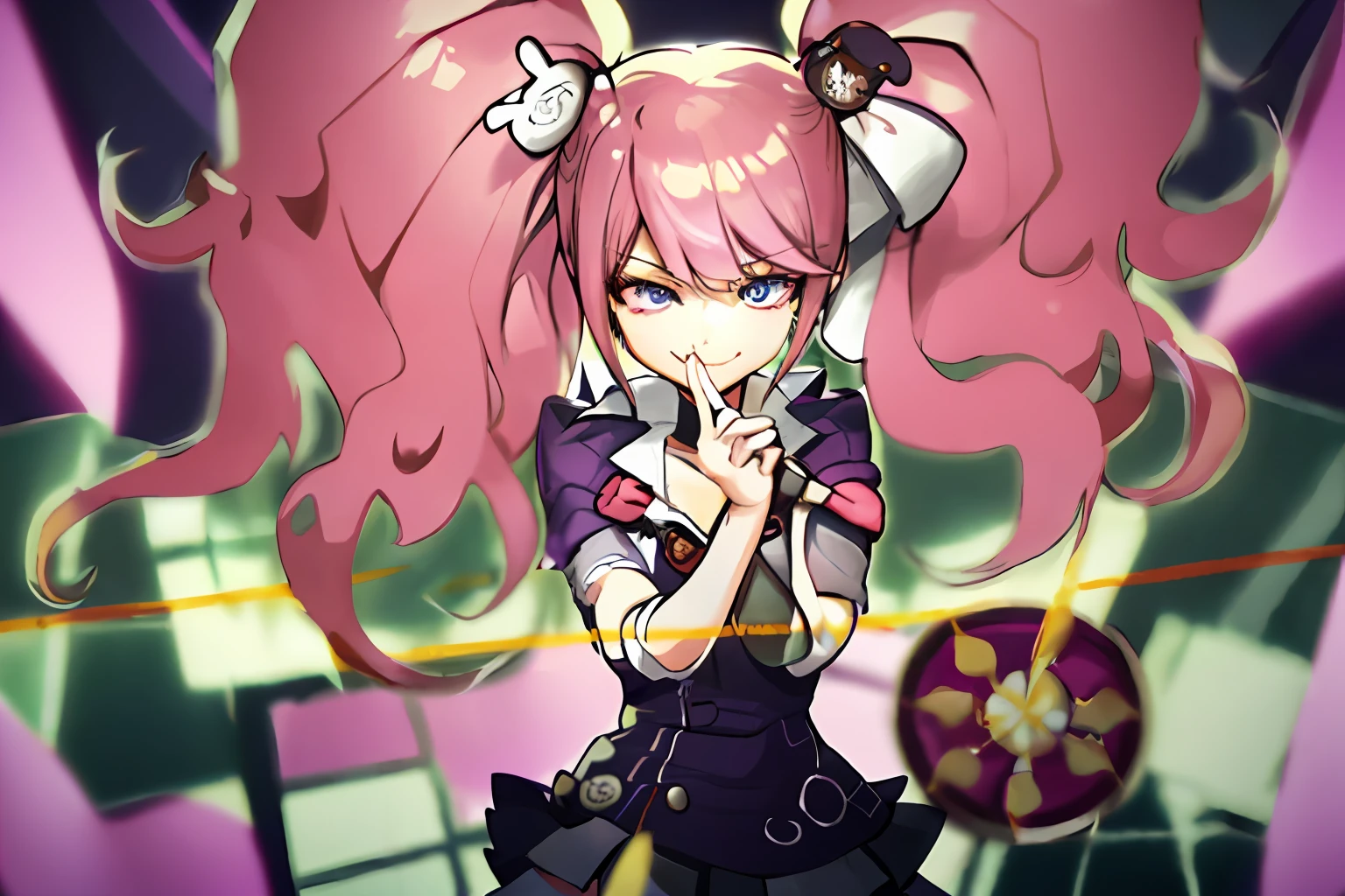 masterpiece, best quality, 1girl, solo, chibi, full body, genshin impact, Junko Enoshima, 1girl, animal ears, branch, breasts, cherry blossoms, closed mouth, cowboy shot, earrings, flower, fox ears, japanese clothes, jewelry, long hair, looking at viewer, medium breasts, nontraditional miko, outdoors, pink hair, purple eyes, purple flower, ribbon-trimmed sleeves, ribbon trim, sidelocks, smile, solo, wide sleeves, dynamic pose,