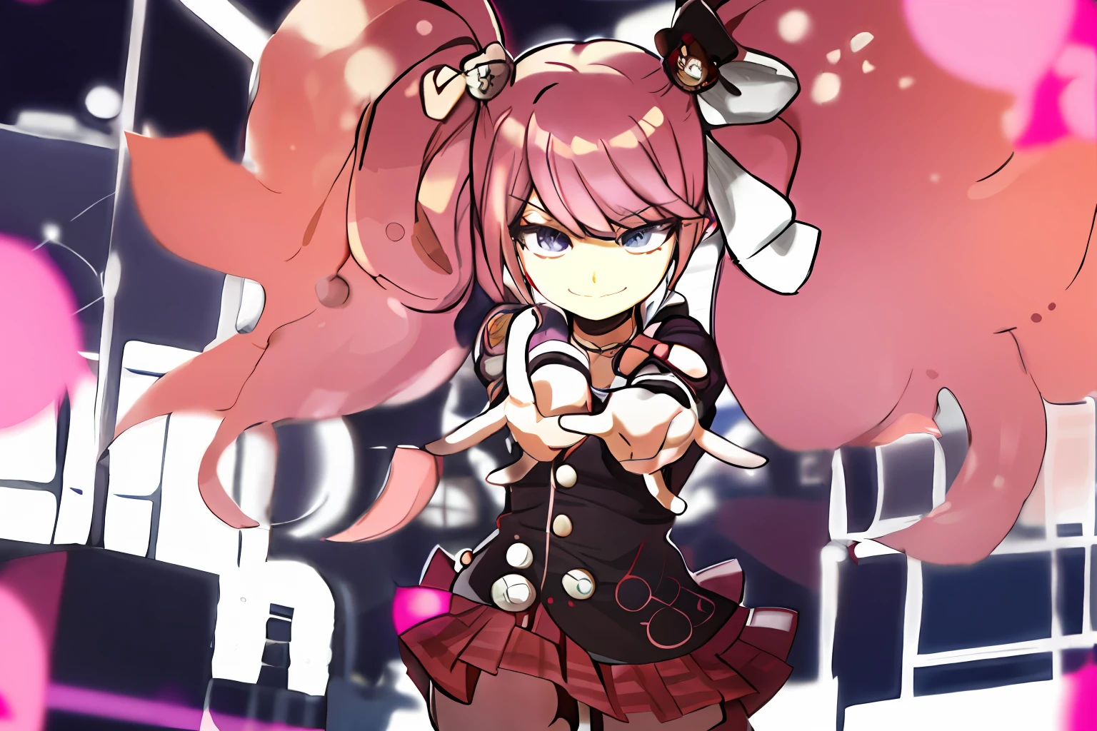 masterpiece, best quality, 1girl, solo, chibi, full body, genshin impact, Junko Enoshima, 1girl, animal ears, branch, breasts, cherry blossoms, closed mouth, cowboy shot, earrings, flower, fox ears, japanese clothes, jewelry, long hair, looking at viewer, medium breasts, nontraditional miko, outdoors, pink hair, purple eyes, purple flower, ribbon-trimmed sleeves, ribbon trim, sidelocks, smile, solo, wide sleeves, dynamic pose,