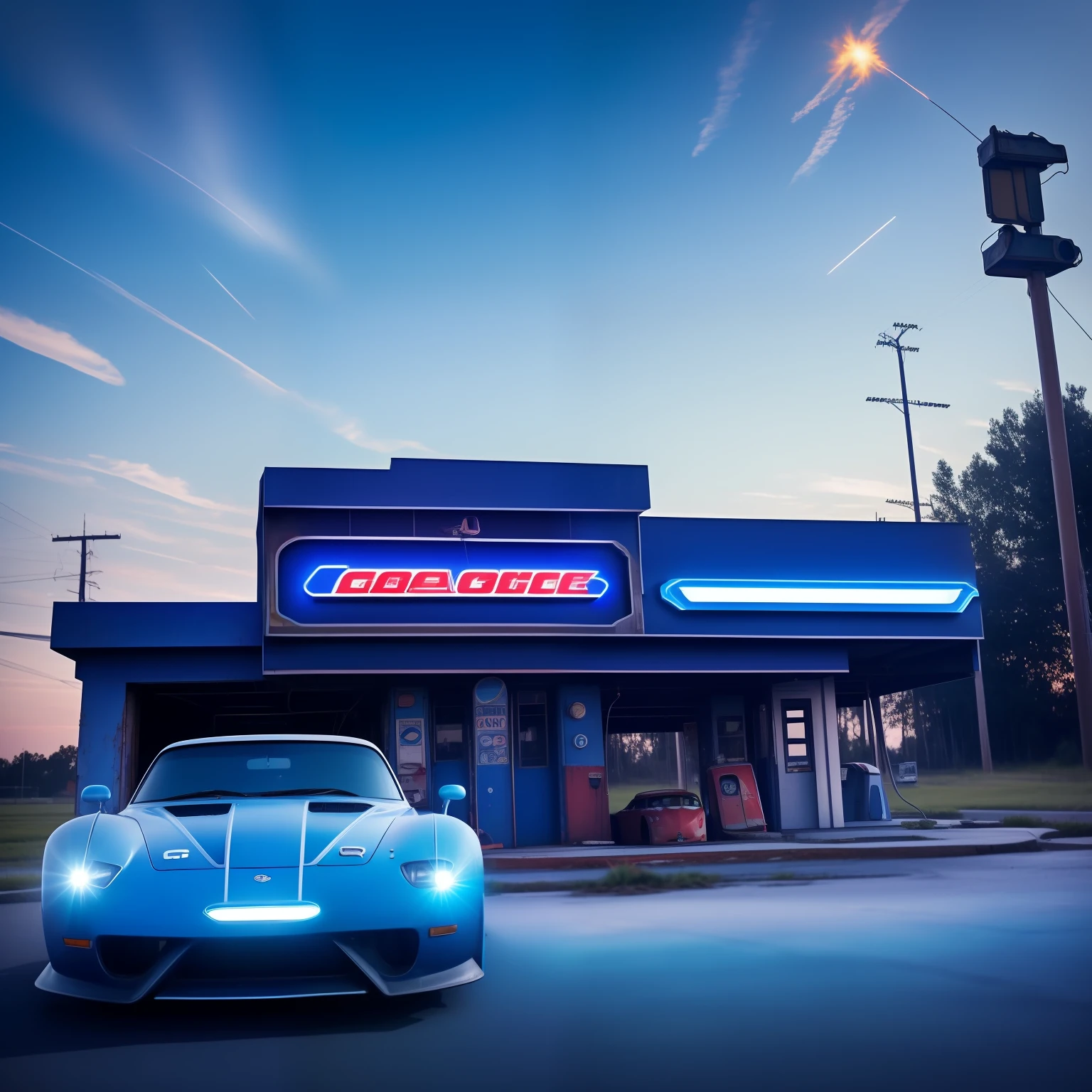 cars around abandoned gas station sign made from a rocket beautiful blue sky Clutter-Home (AtomPunkStyleSD15:1.0), (masterpiece:1.2) (photorealistic:1.2) (bokeh) (best quality) (detailed skin) (intricate) (8k) (HDR) (cinematic lighting) (sharp focus)