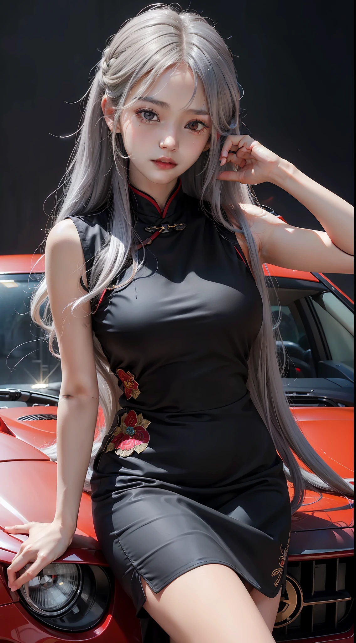 Cheongsam girl sitting in front of the car,Long hair(Silvery hair(Curly hair 1.4)),red color eyes,Childlike face,,(Breast 1.4), highly detailed, high high quality, tmasterpiece, big breasts beautiful, 1girll, 独奏, full bodyesbian,Titillating,二重まぶた,long eyelasher,weeping,mole under eye, red eyes