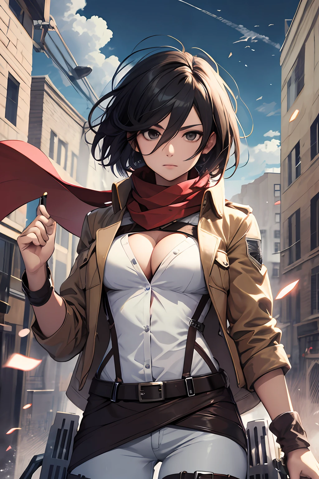 Mikasa, masterpiece, best quality, highres, short hair, black eyes, scarf, emblem, belt, thigh strap, red scarf, white pants, brown jacket, long sleeves,button, cleavage, holding weapon, sword, dual wielding, three-dimensional maneuver gear, spread arms, standing on one leg, wide shot, sky, highest quality, high resolution.