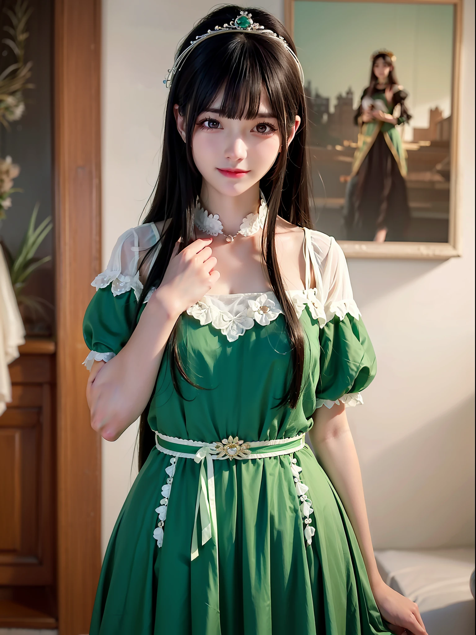 a cartoon girl in green dress with long hair, in the style of 32k uhd, light crimson and brown, dark brown and white, princesscore, soft realism, lovely, eye-catching --ar 40:53 --ar 3:4 --q 5 --niji 5