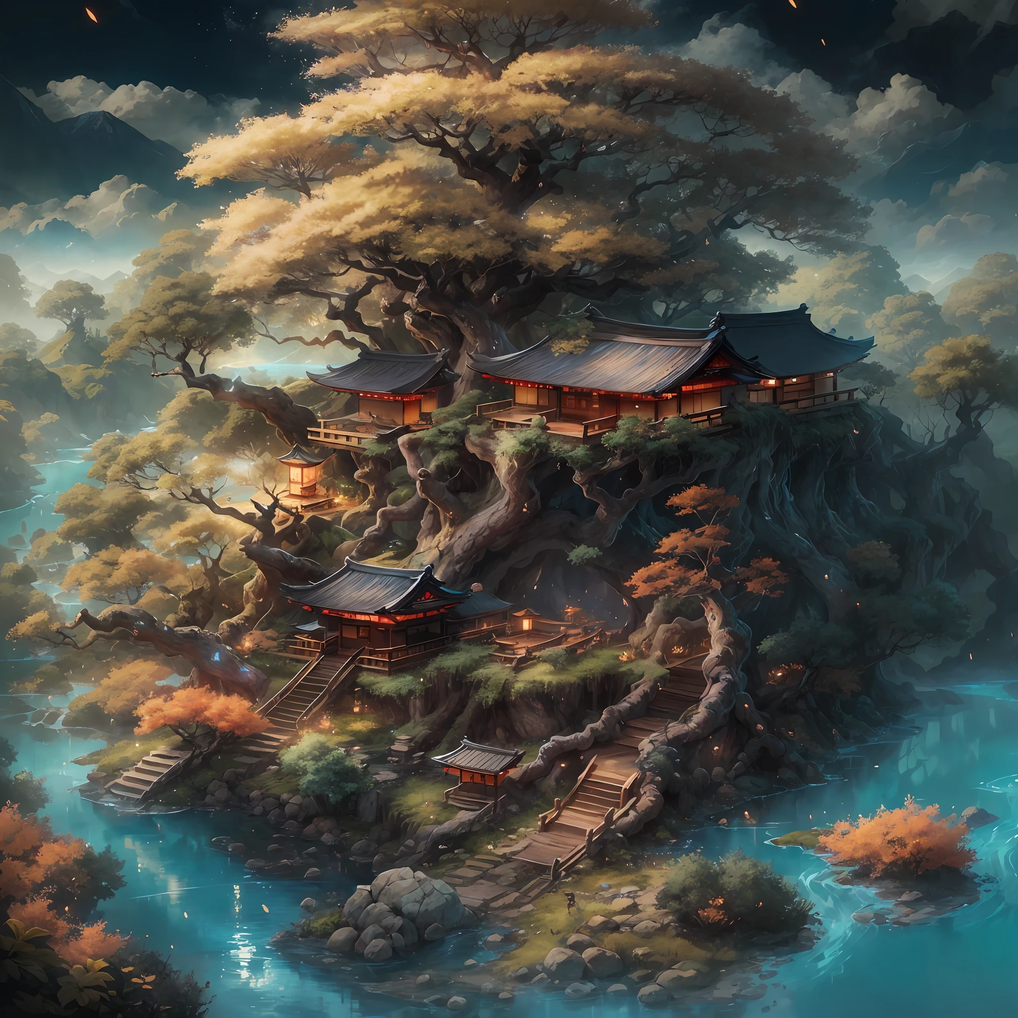 (tmasterpiece、best qualtiy)A huge ancient tree((Glowing spirit tree、with light glowing))、illumination、thatched hut、springtime、jungles、lakes、grassy fields、Rochas、hot onsen、hydrosphere、surrounded by cloud,(illustratio:1.0)、Epic composition、Realistic lighting、high definition detail、high definition resolution,(非常详细的 CG 统一 8k 壁纸)