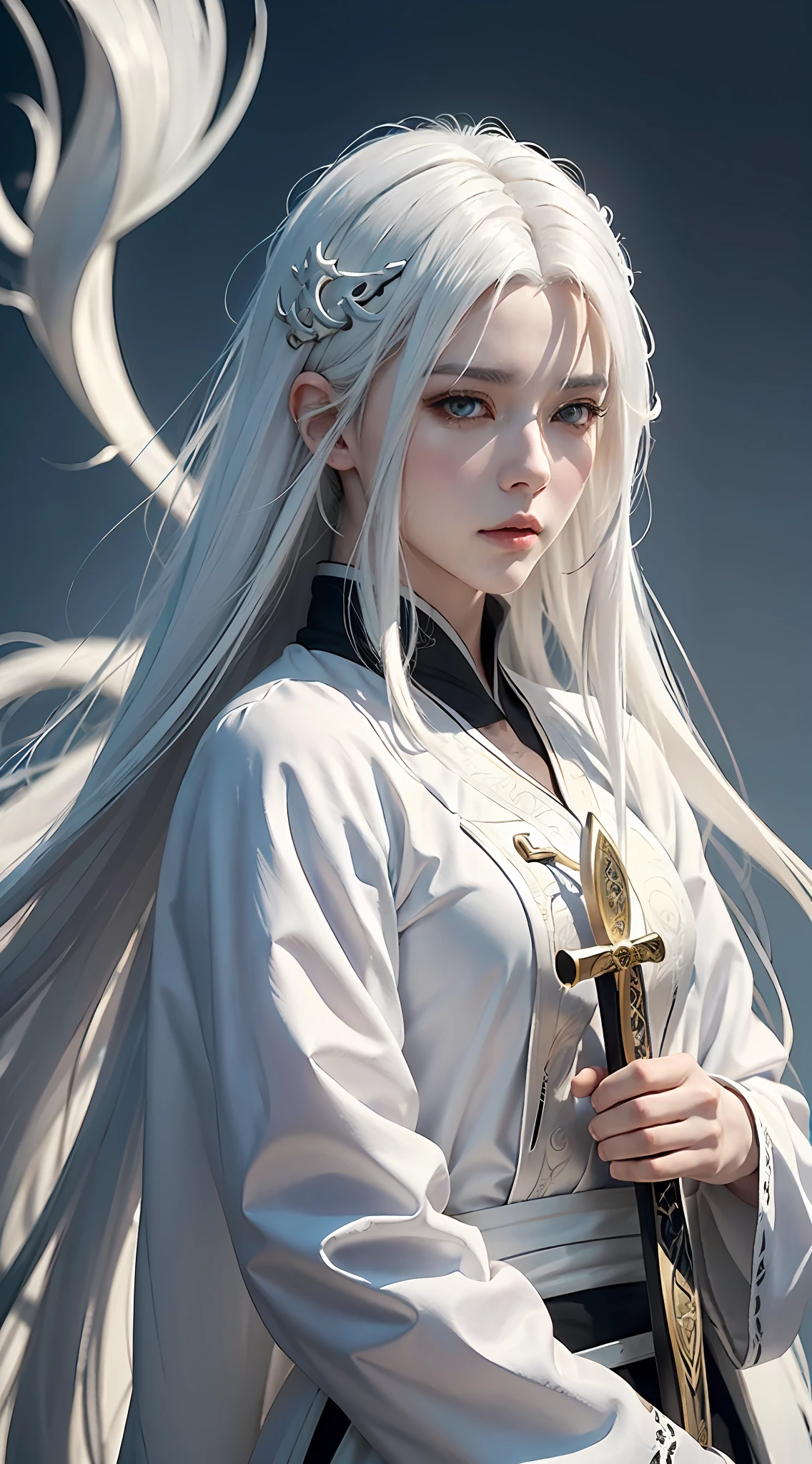 a close up of a person with white hair and a sword, white haired deity, with white long hair, with long white hair, artwork in the style of guweiz, white haired, guweiz, handsome guy in demon slayer art, beautiful character painting, by Yang J, white-haired, guweiz on pixiv artstation, anime character
