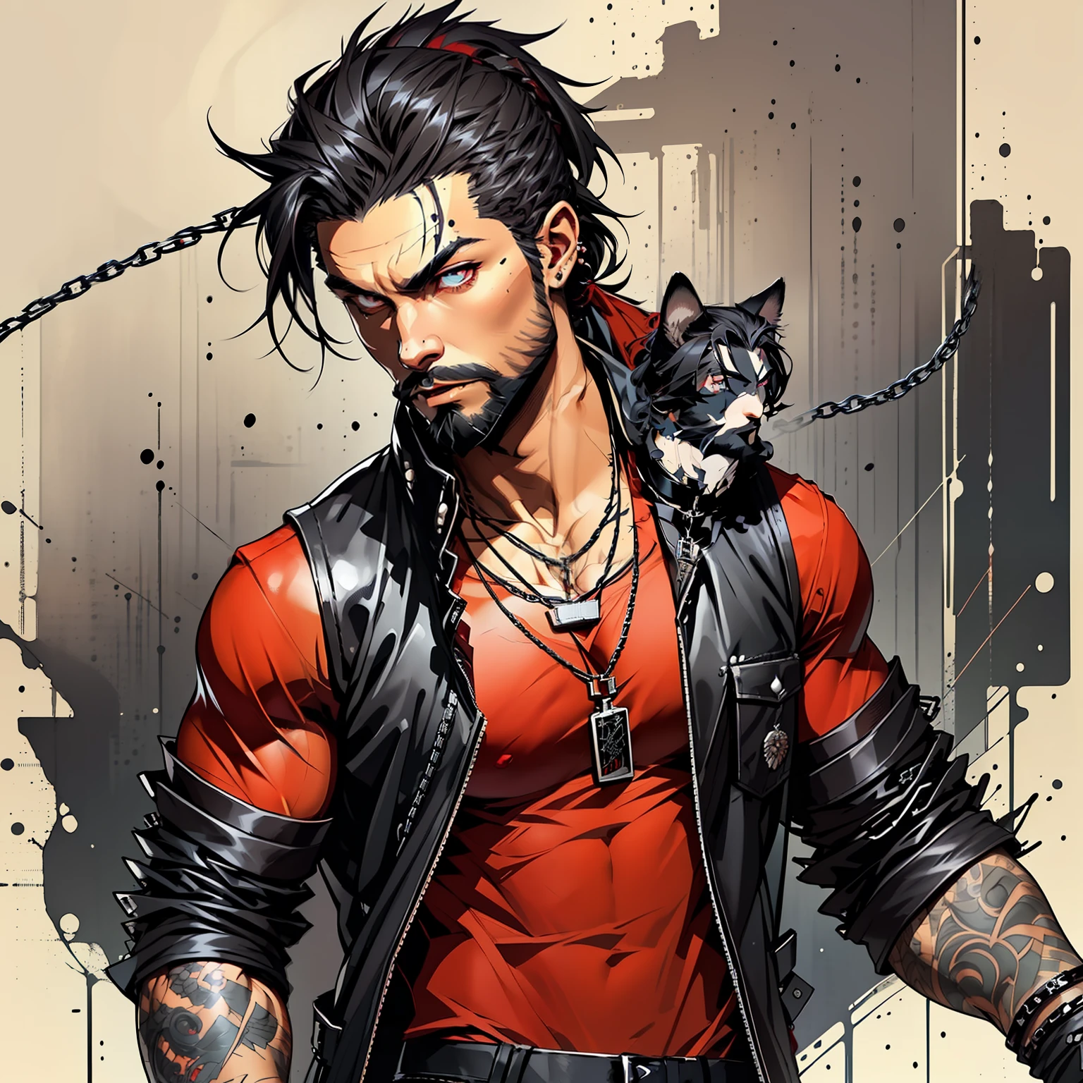 Male, vampire, muscular, red shirt with rolled up sleeves and a black vest over the top, black ripped jeans, black leather boots, black half gloves, black leather bracelet right arm, Simple black chain Necklace and Dog Tag Necklace with Black chain, Long glazed hazelnut hair with a ponytail and full beard, Ghost white skin, Crimson colored eyes, left eye is a cat eye