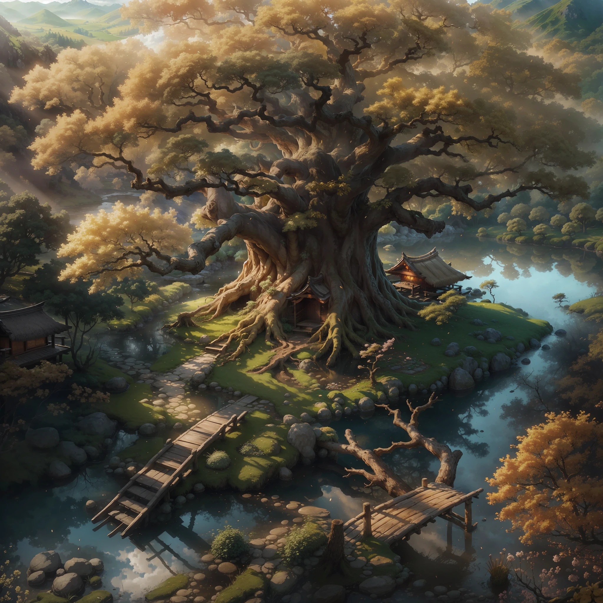 (tmasterpiece、best qualtiy)A huge ancient tree((The body of the tree emits golden light、with light glowing))、illumination、thatched hut、springtime、jungles、lakes、grassy fields、Rochas、hot onsen、hydrosphere、surrounded by cloud,(illustratio:1.0)、Epic composition、Realistic lighting details、high definition detail、high definition resolution,(非常详细的 CG 统一 8k 壁纸)